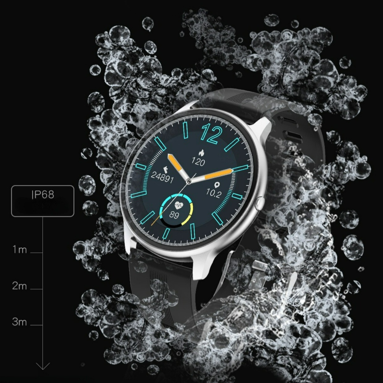 Eine Smartwatch mit schwarzem Armband, umgeben von Blasen. Zeigt Zeit und Metriken.