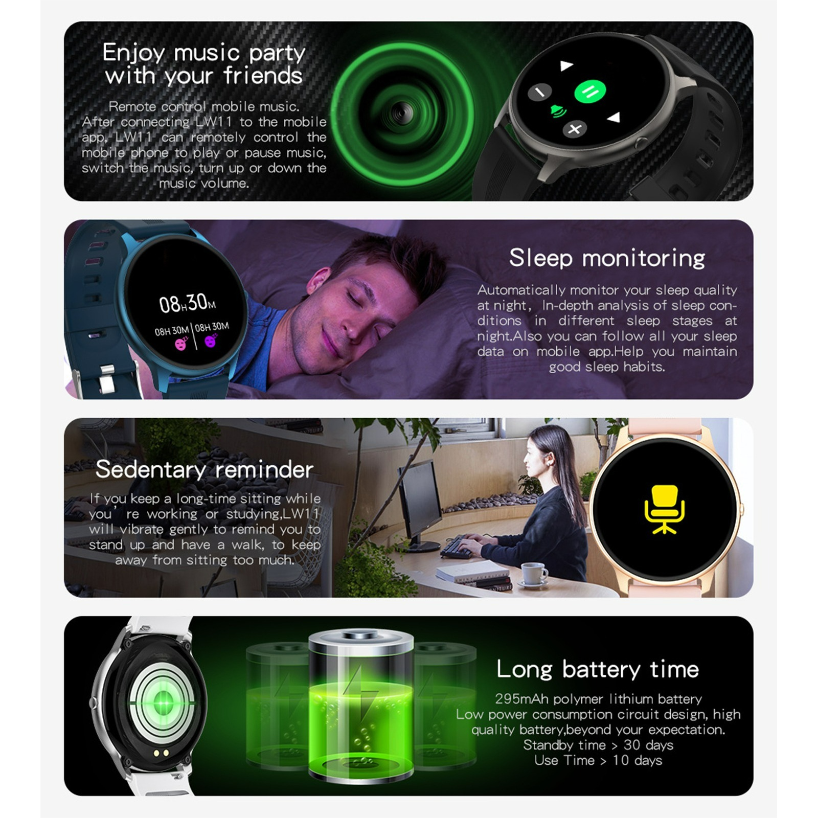 Eine Smartwatch zeigt Informationen über Schlaf, Akku und Aktivität in Panels an.