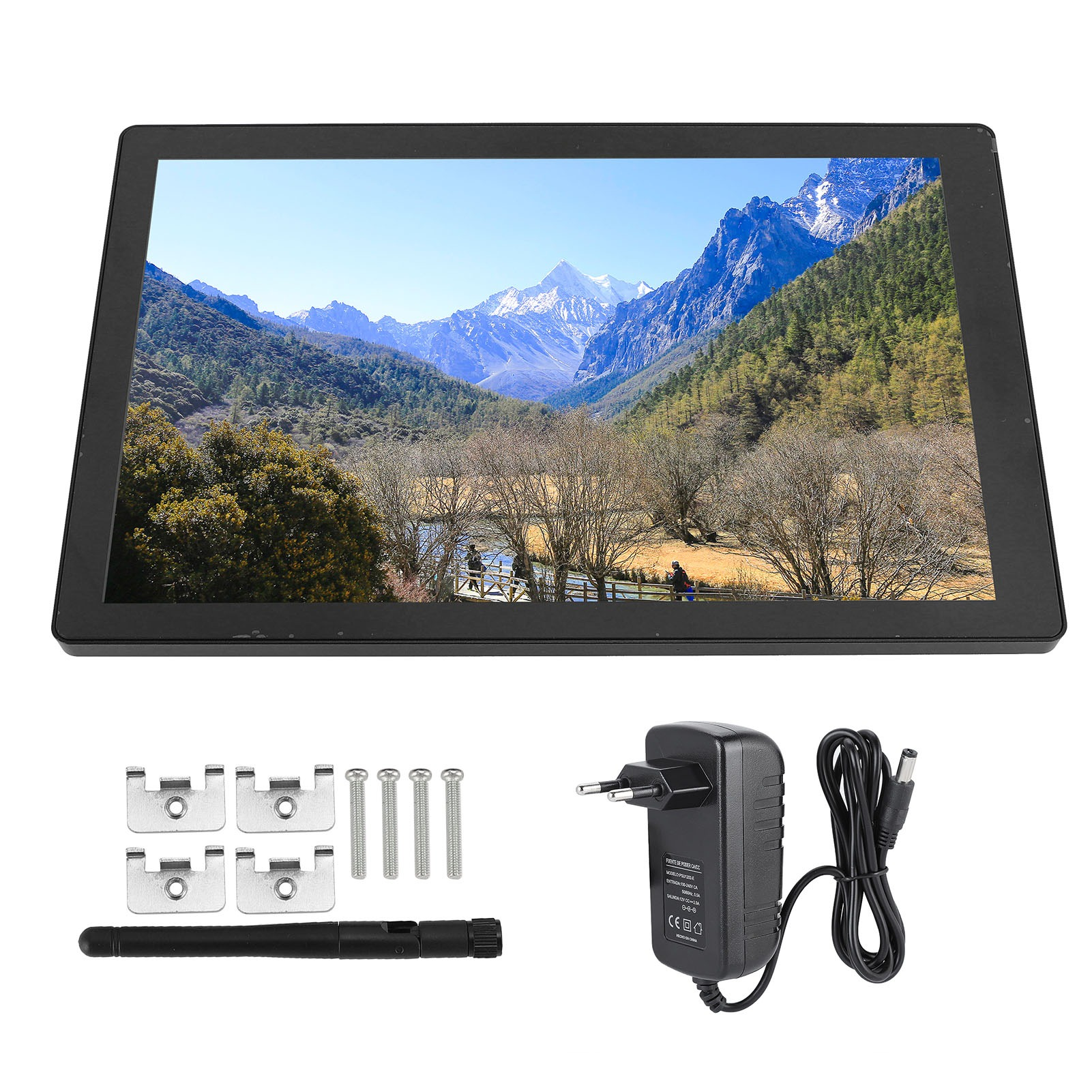 Monitor mit Berglandschaft, mit Zubehör: Antenne, Ladegerät, Schrauben.