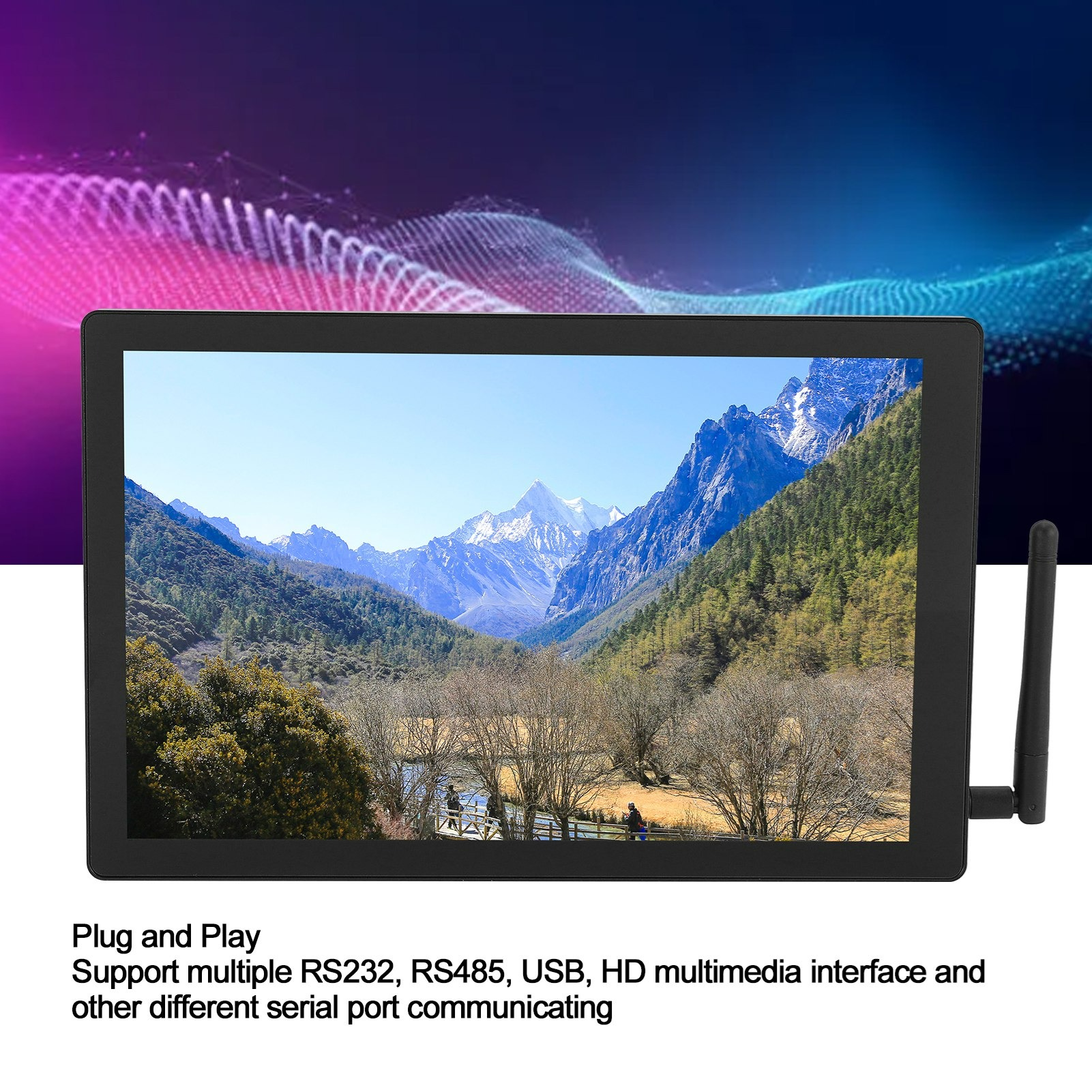 Ein schwarzer Bildschirm mit einer Berglandschaft und Text über RS232, USB und HD-Schnittstelle.