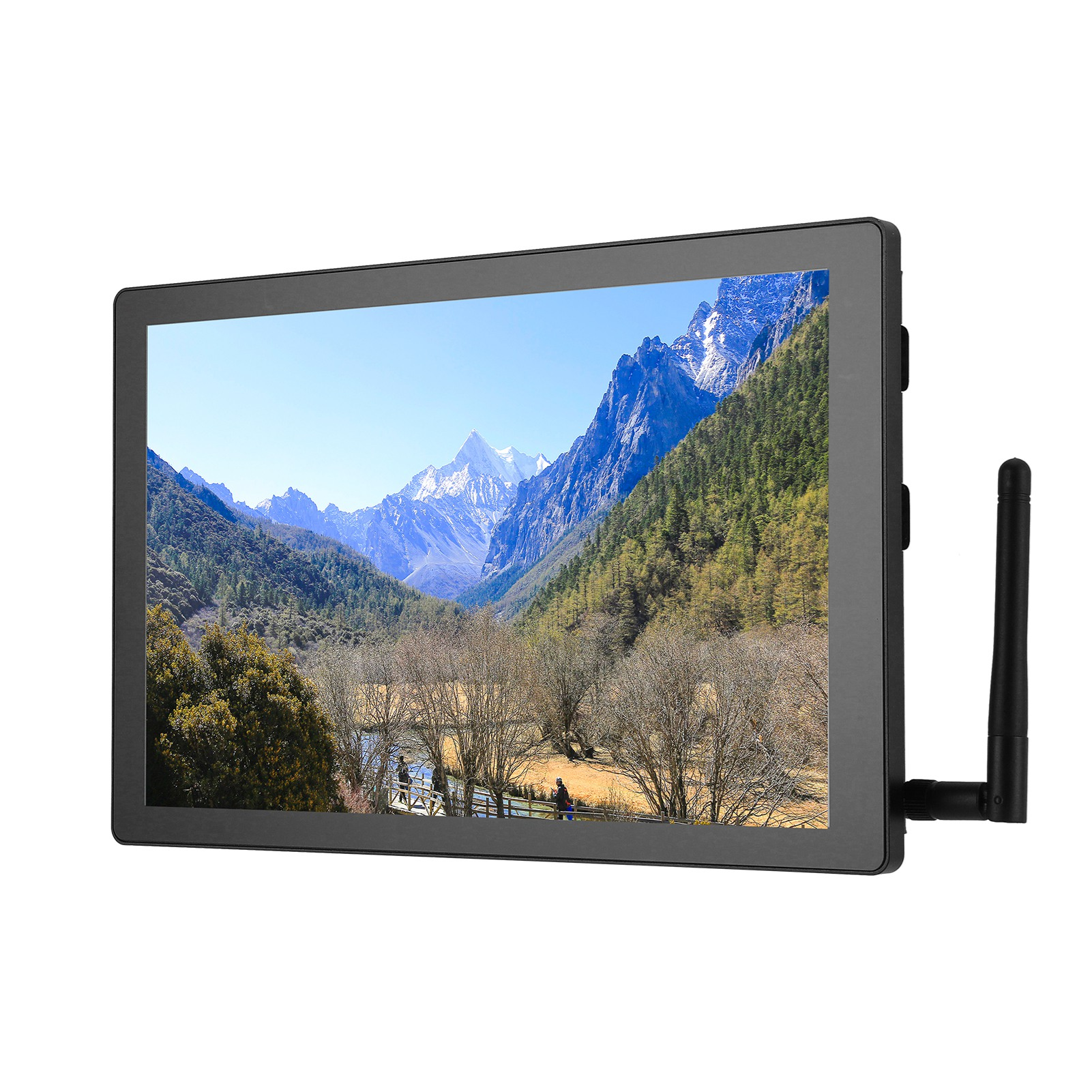 Monitor mit Berglandschaft, mit einer Antenne an der Seite befestigt.