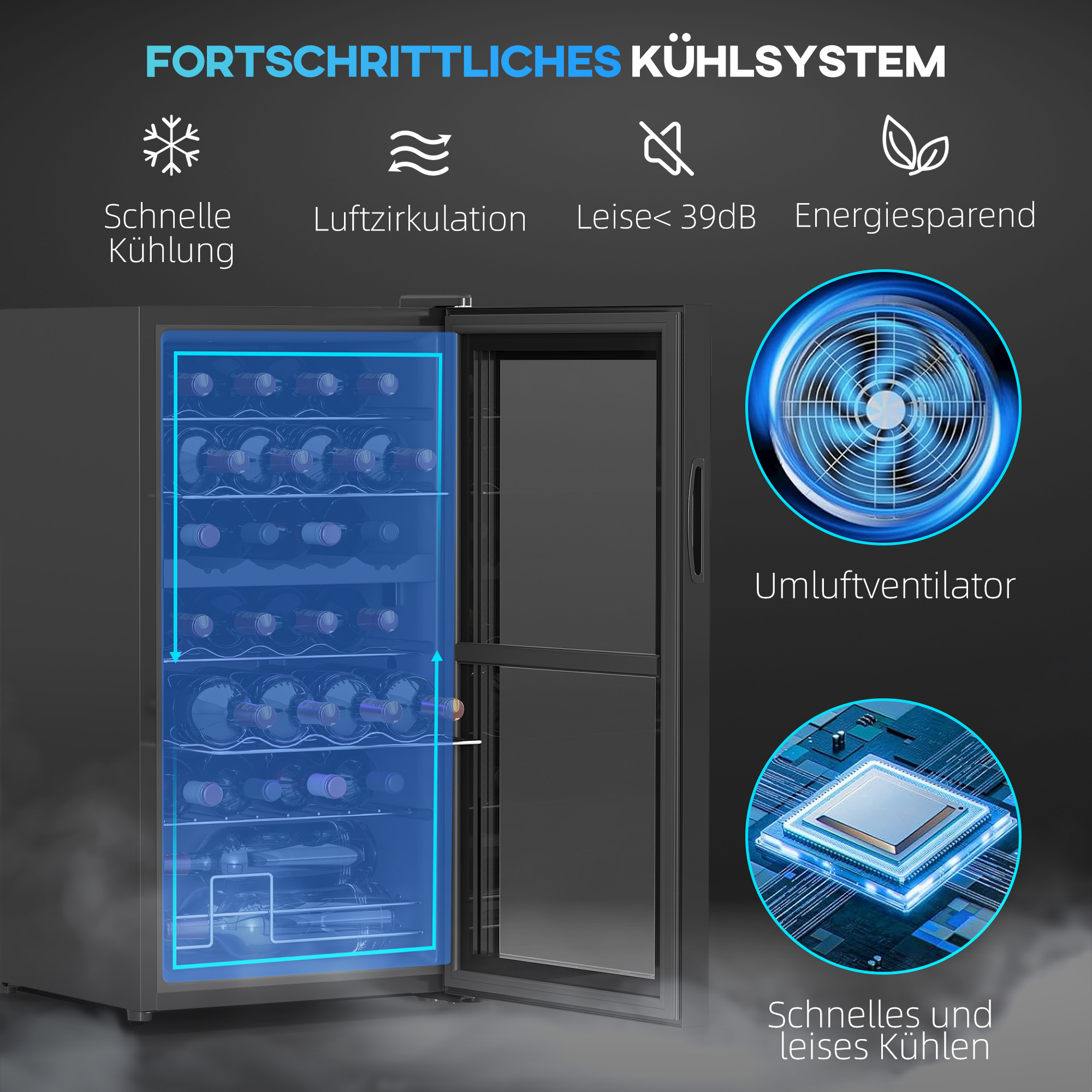 Detaillierte Ansicht eines Kühlschranks mit Text über Kühlung und Luftzirkulation.