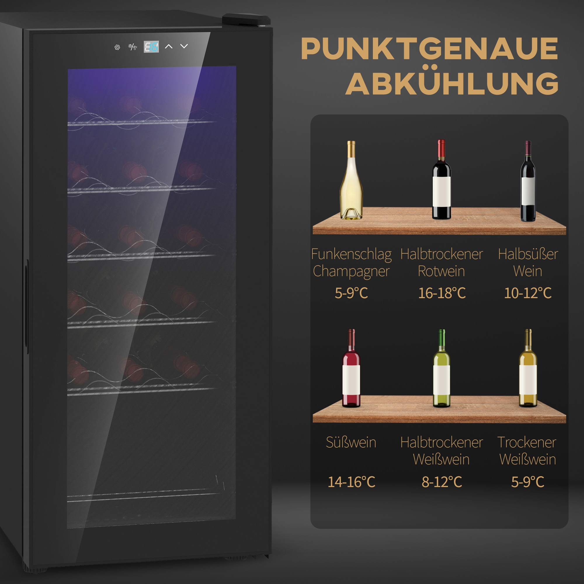 Schwarzer Weinkühler mit Flaschen. Text zeigt Weinsorten und Temperaturen zum Kühlen.