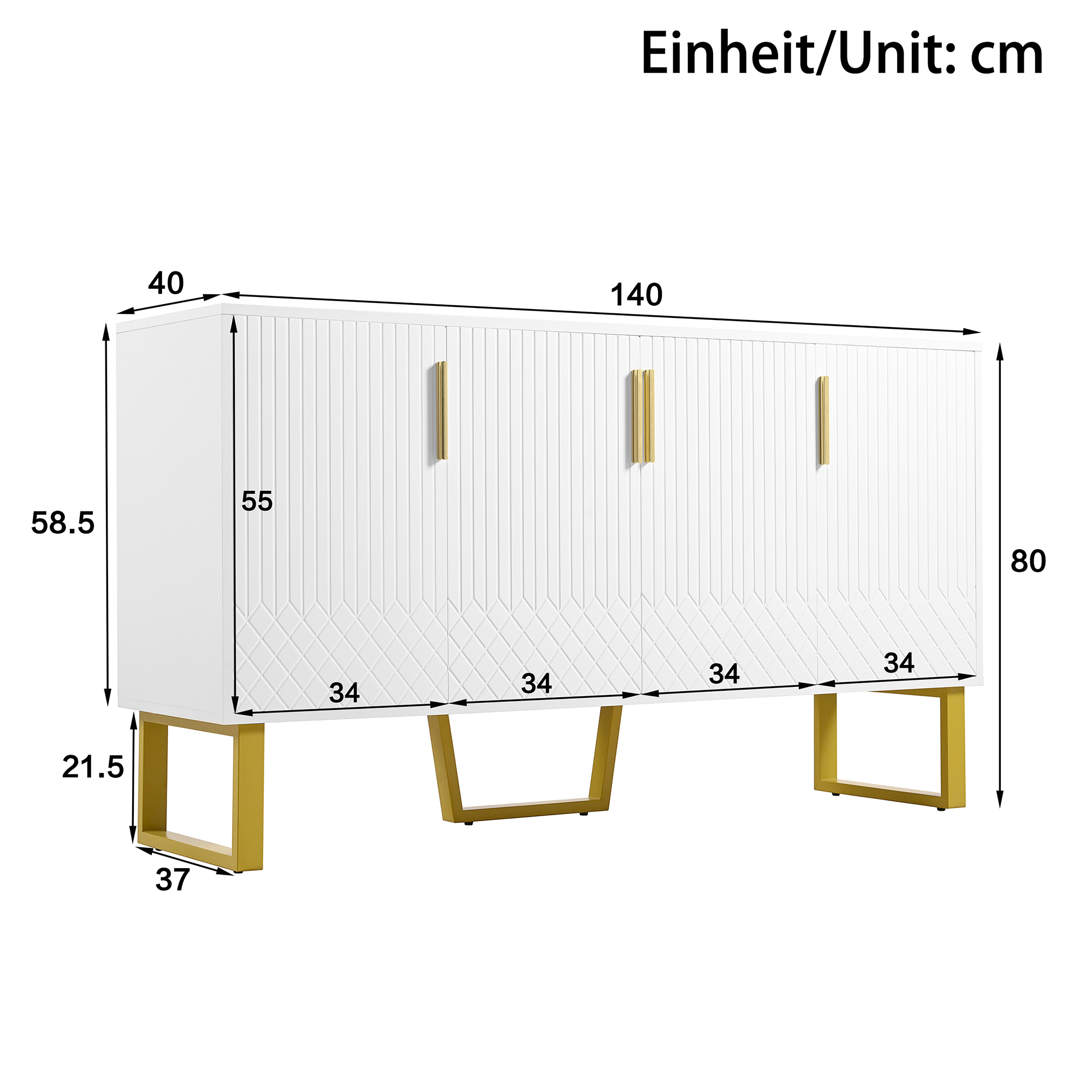 Weißer Schrank mit goldenen Beinen und Griffen. Abmessungen sind angegeben. Der Hintergrund ist weiß.