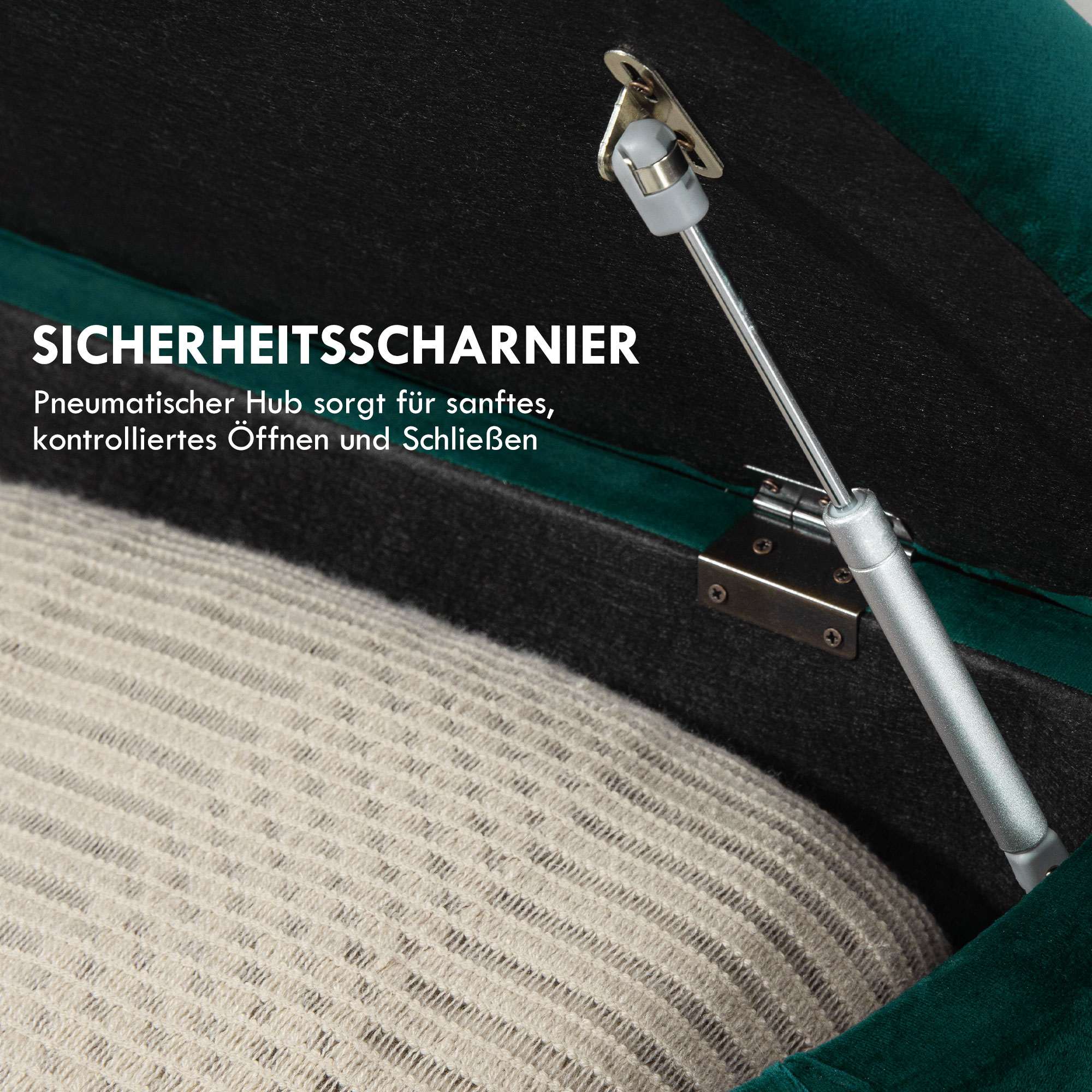 Innenraum einer grünen Samt-Aufbewahrungsbank. Sicherheitsscharnier, beige Decke, dunkelgrüne Oberfläche.