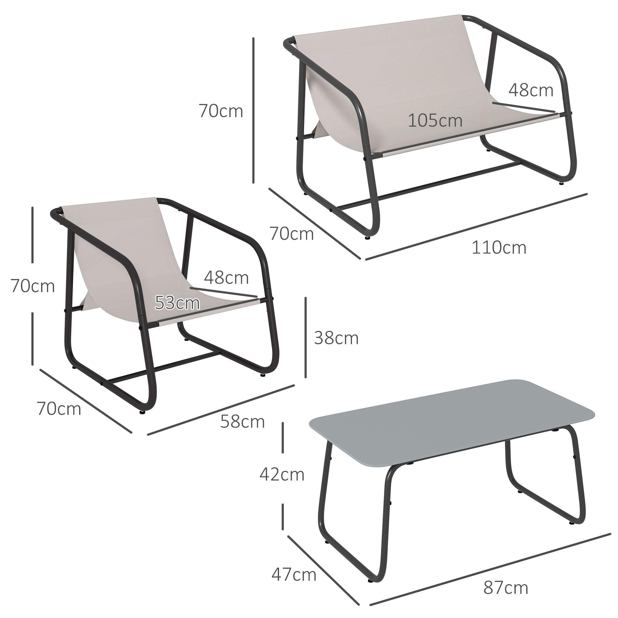 Diagramm von Sitzmöbeln im Freien: ein Zweisitzer, ein Einzelstuhl und ein Tisch mit Maßen.