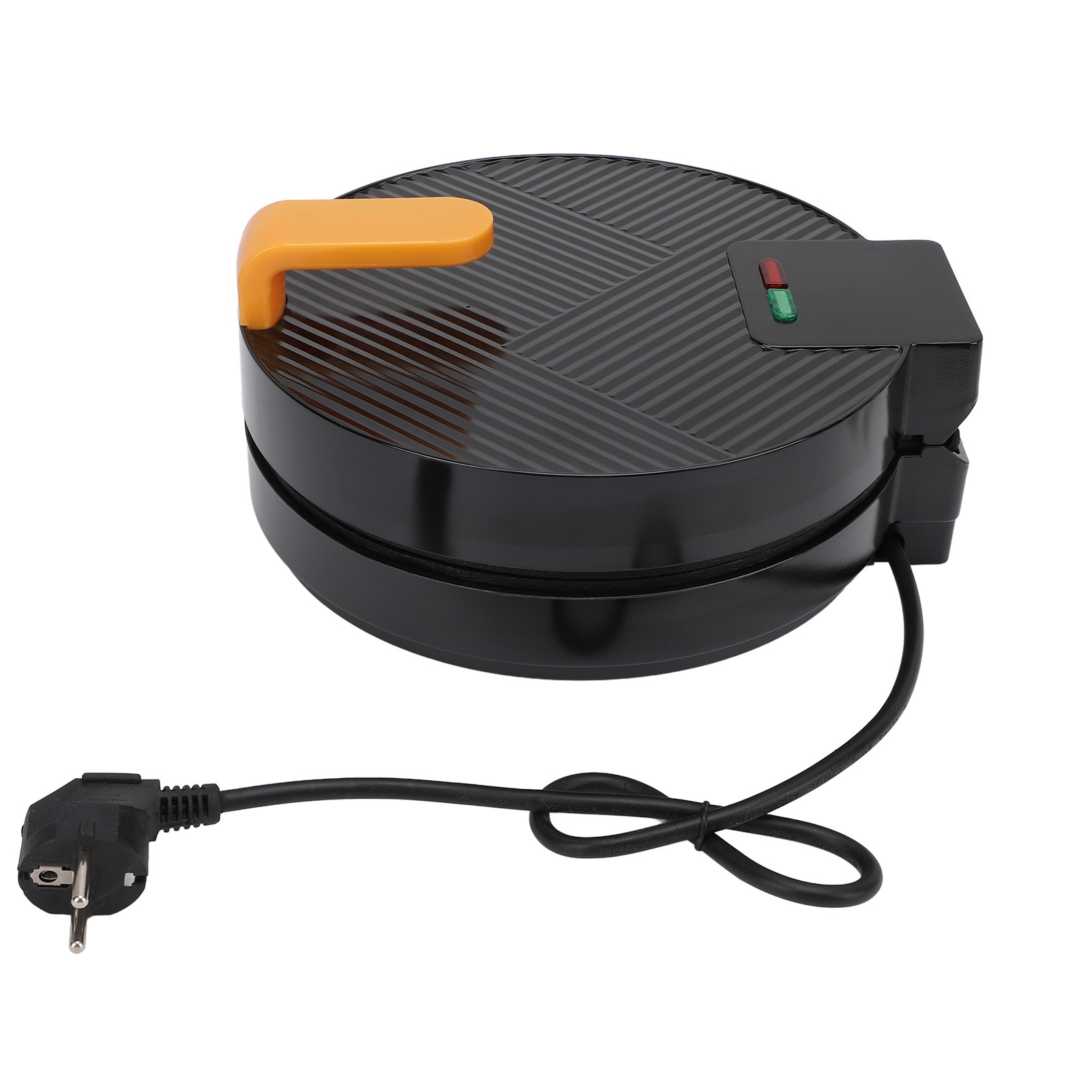 Ein schwarzer Waffeleisen mit orangefarbenem Griff. Das Waffeleisen ist geschlossen, mit Netzkabel und Stecker.