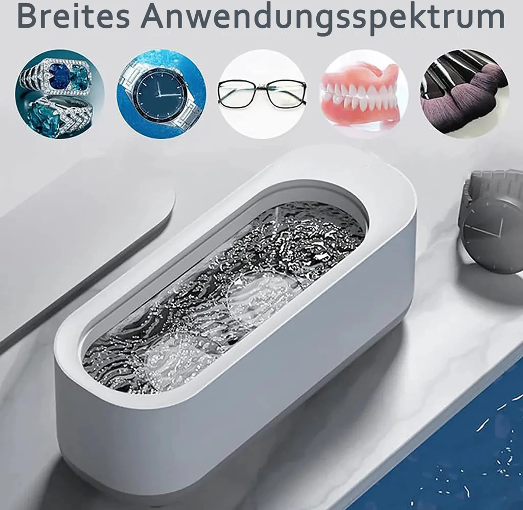 Ultraschallreiniger mit Schmuck und Brille. Text: 'Breites Anwendungsspektrum'.