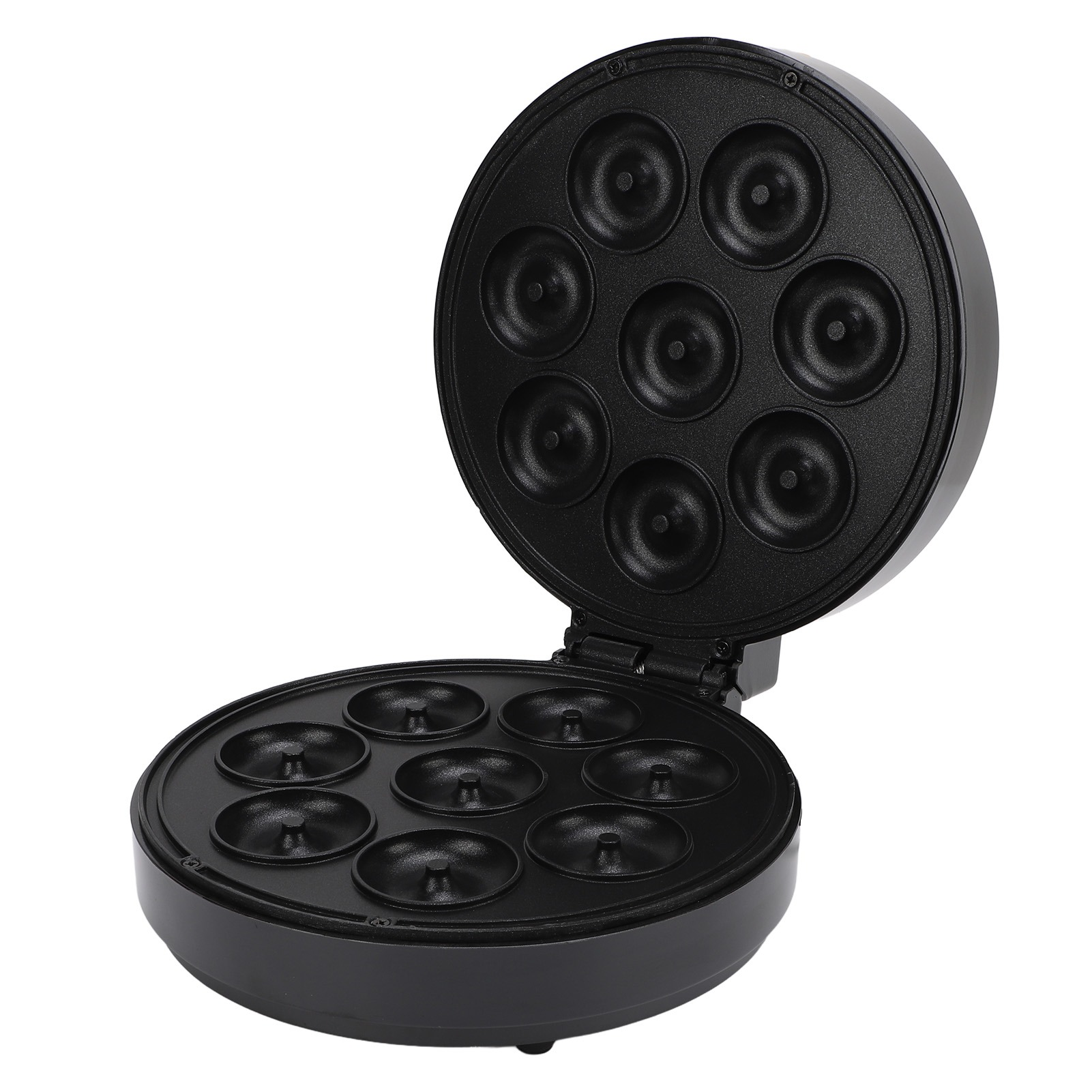Schwarzer Donut-Maker, offen. Es hat neun Formen. Weißer Hintergrund.