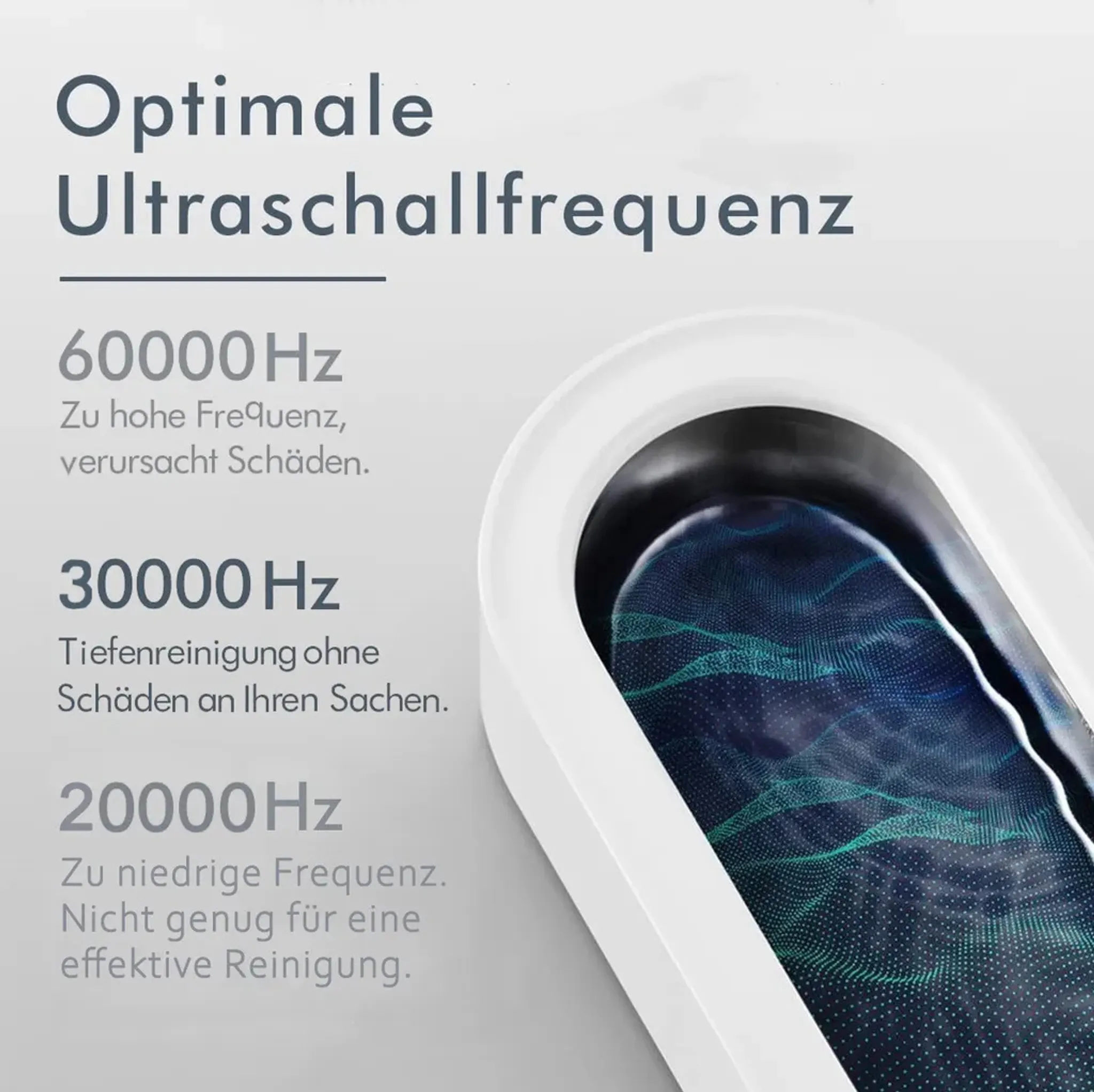 Nahaufnahme eines Ultraschallreinigers. Text links beschreibt Frequenzstufen.