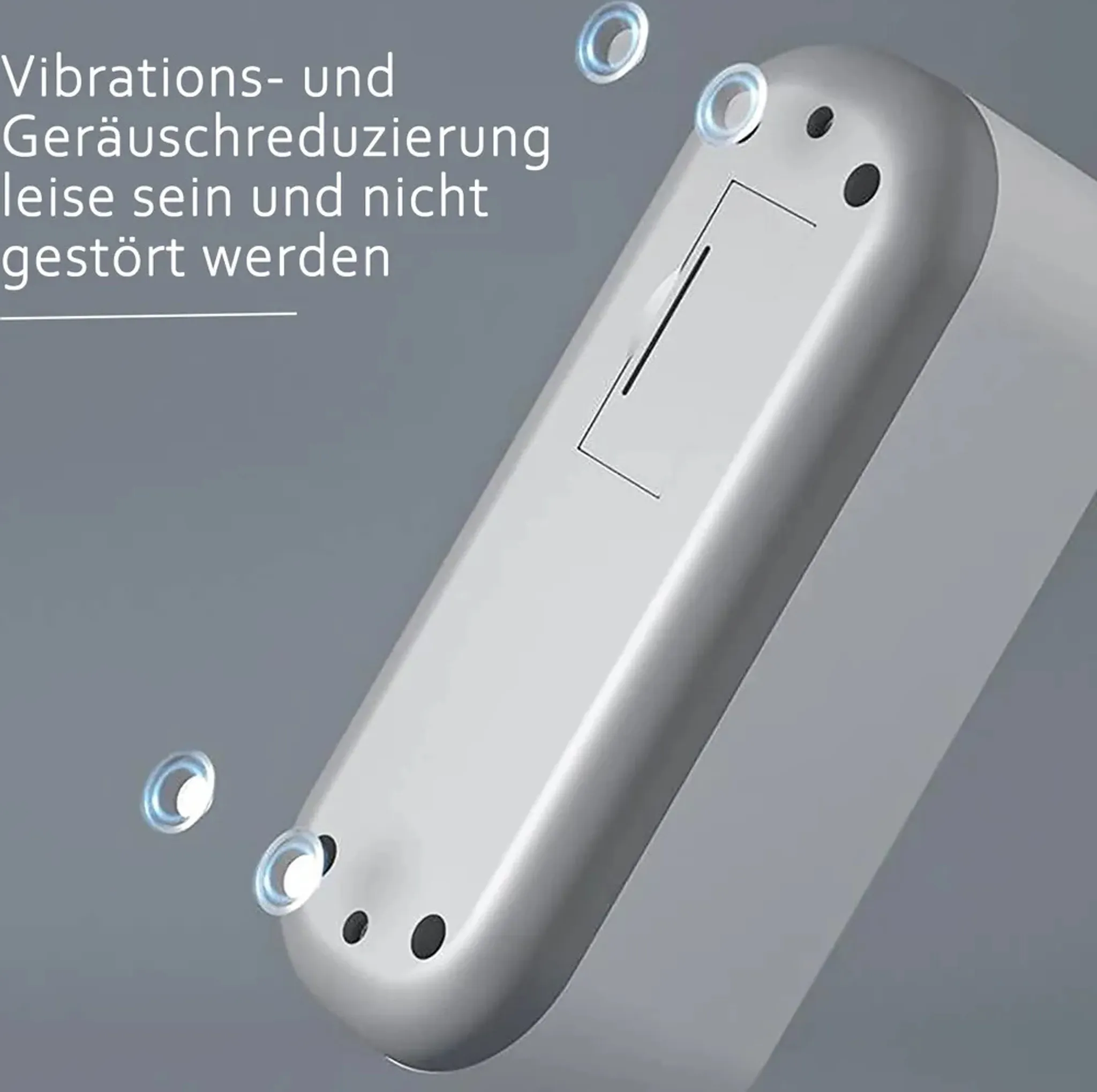 Graue Gerätebasis mit Text: „Vibrations- und Geräuschreduzierung leise sein und nicht gestört werden“.