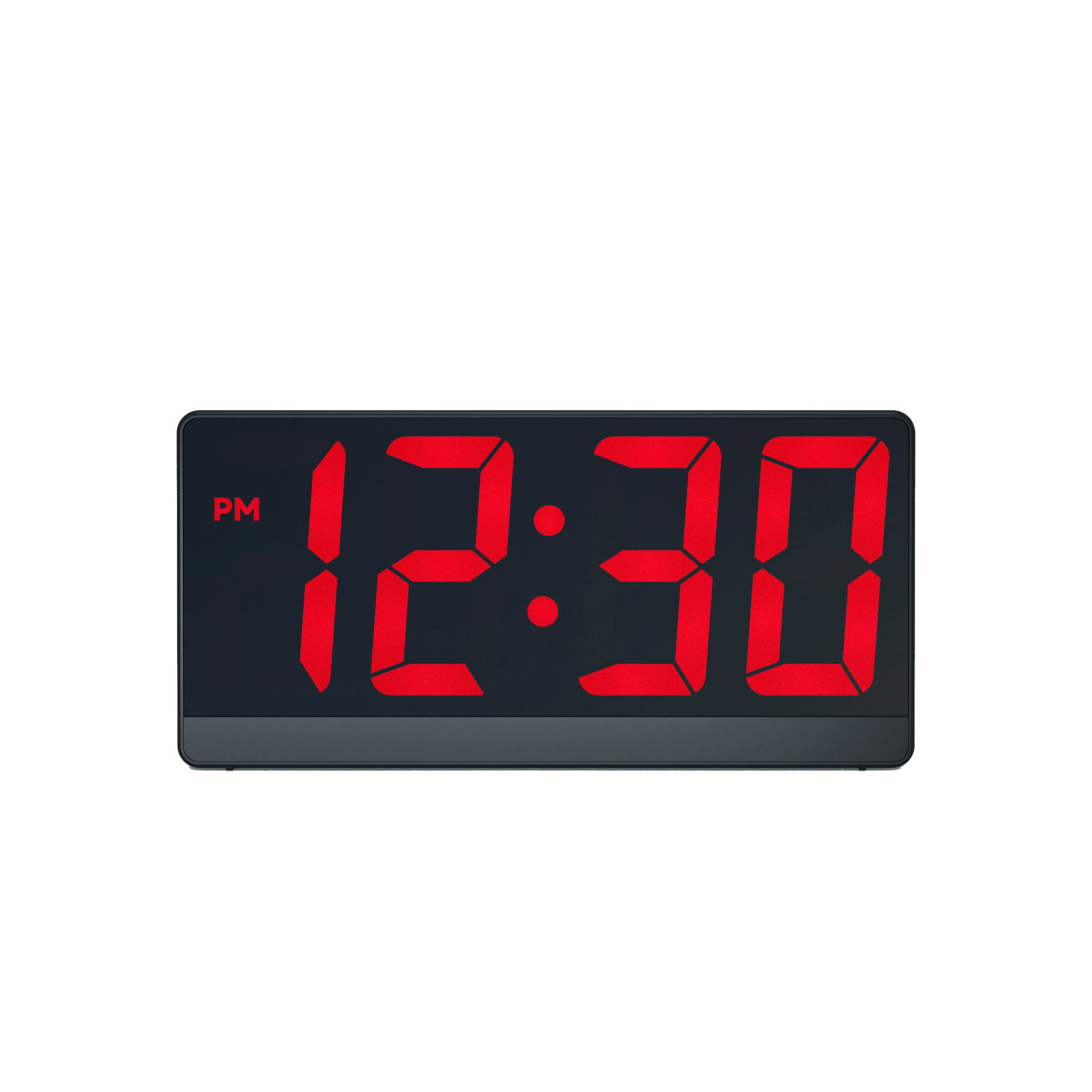 Digitaluhr mit 12:30 PM in roten Ziffern auf schwarzem rechteckigen Rahmen.
