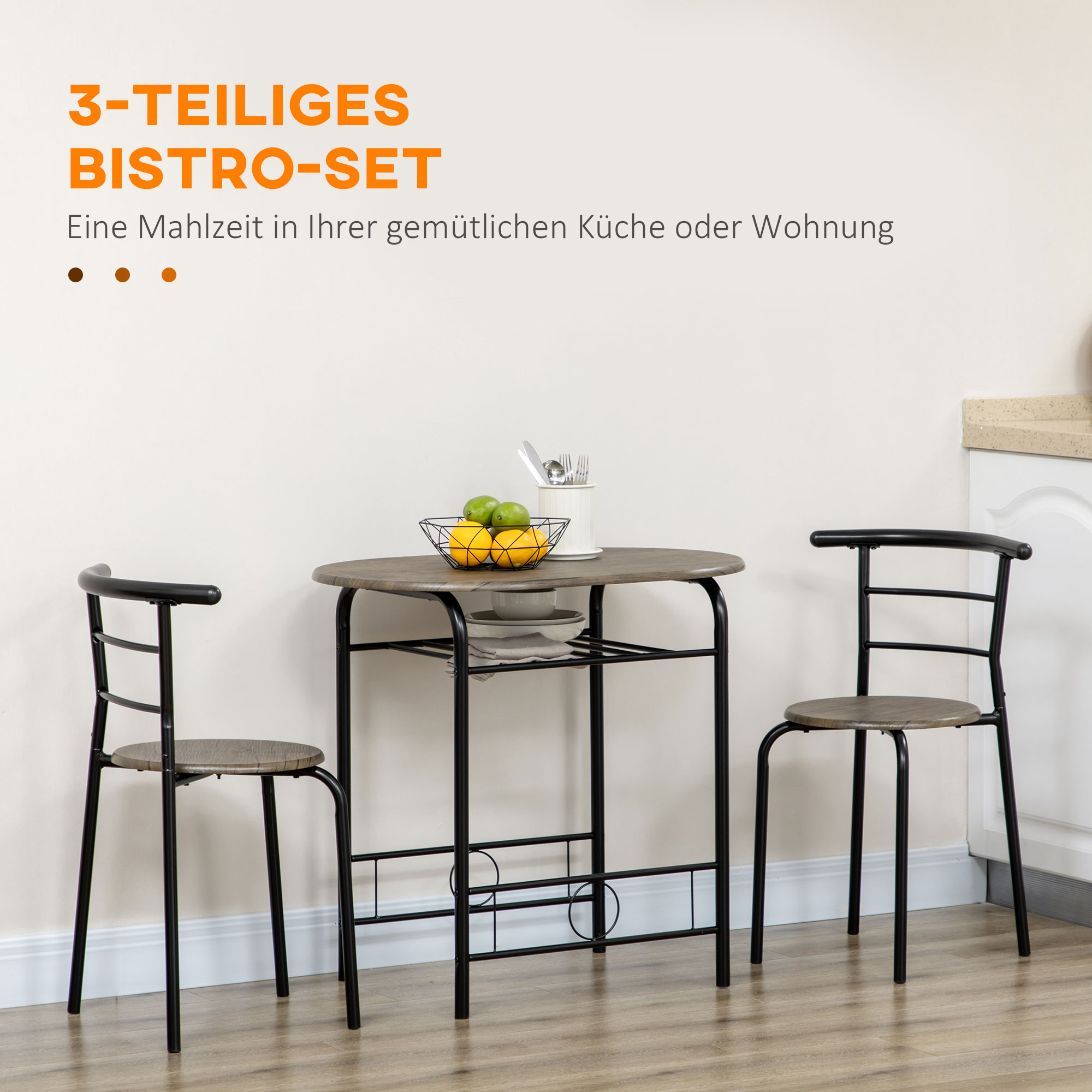 Essgruppe in einer Küche mit Text. Tisch mit zwei Stühlen, braune Platte, schwarzes Metallgestell.