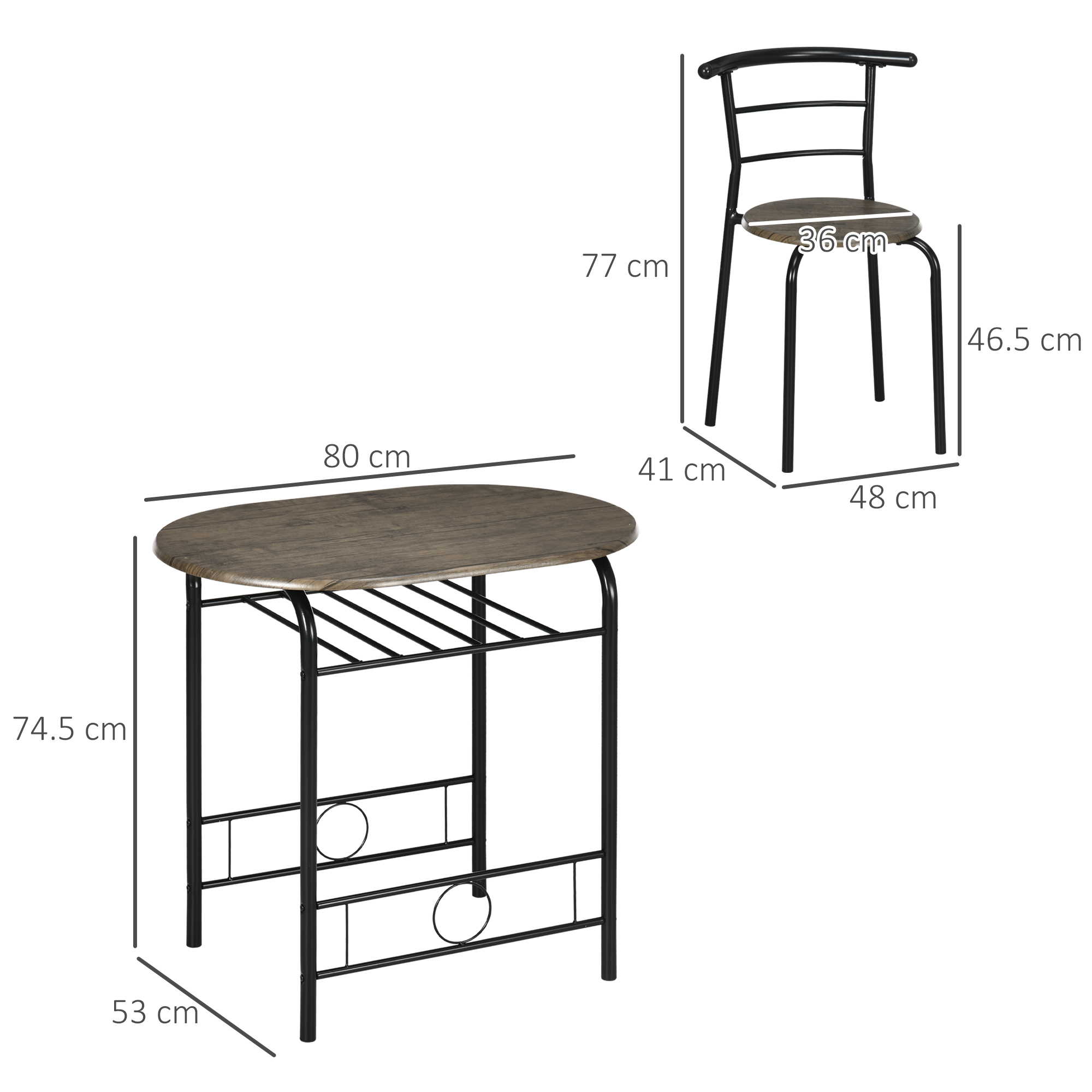 Tisch- und Stuhlabmessungen. Der Tisch ist rund. Der Stuhl hat eine gebogene Rückenlehne.