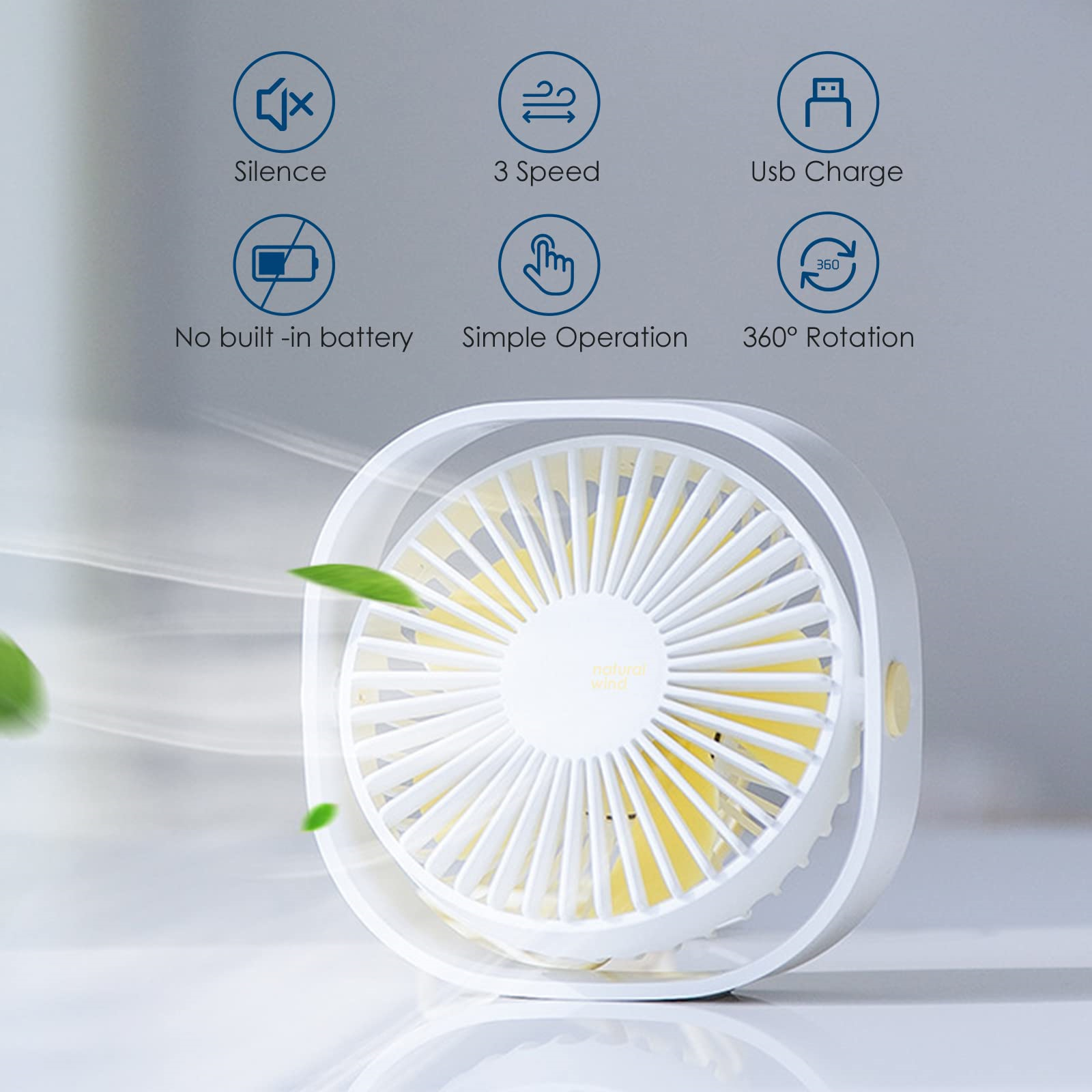 Weißer, tragbarer Ventilator mit gelben Flügeln, Text zeigt Funktionen wie Stille und USB.