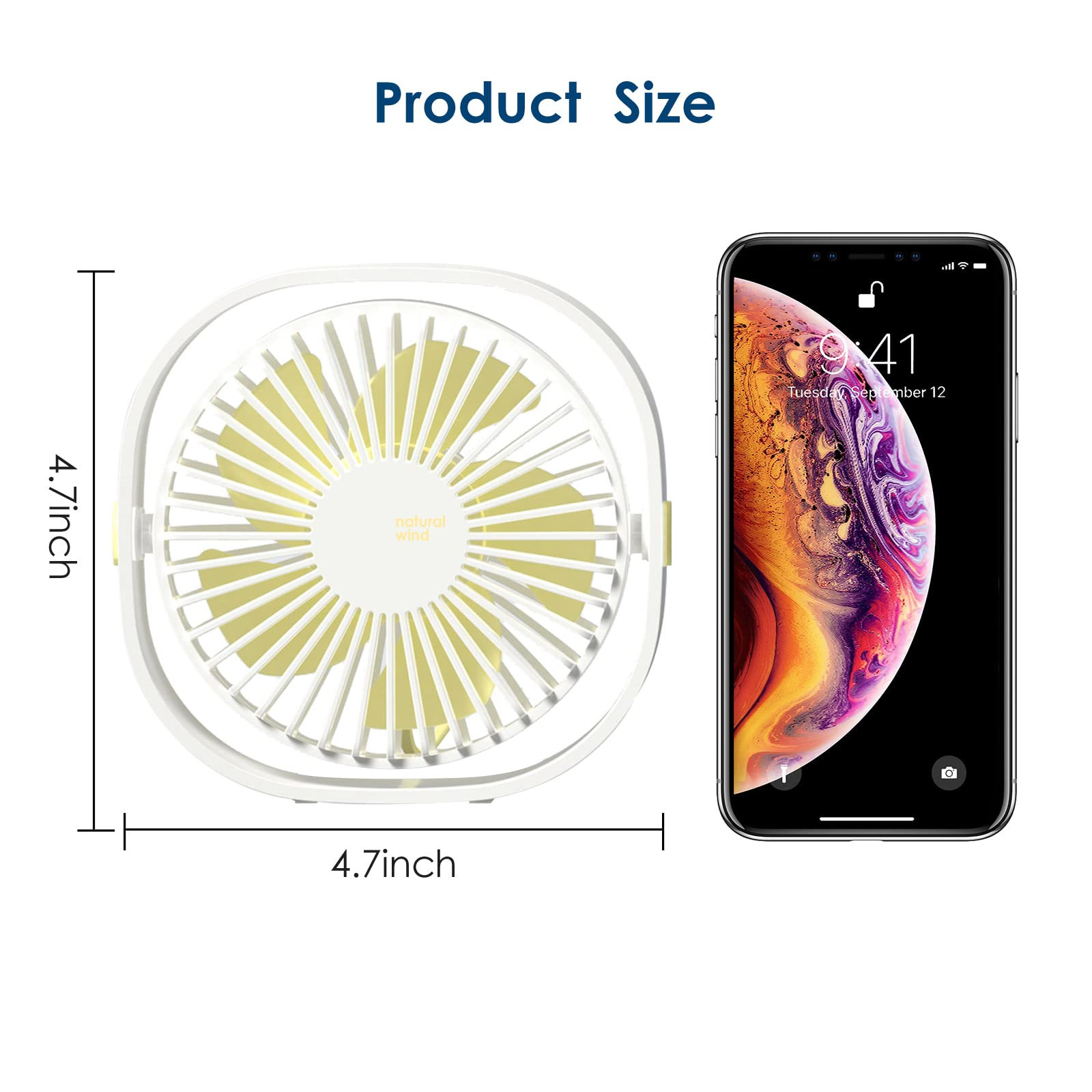 Weißer Ventilator mit gelben Flügeln. Daneben ein Smartphone mit farbenfrohem Startbildschirm.