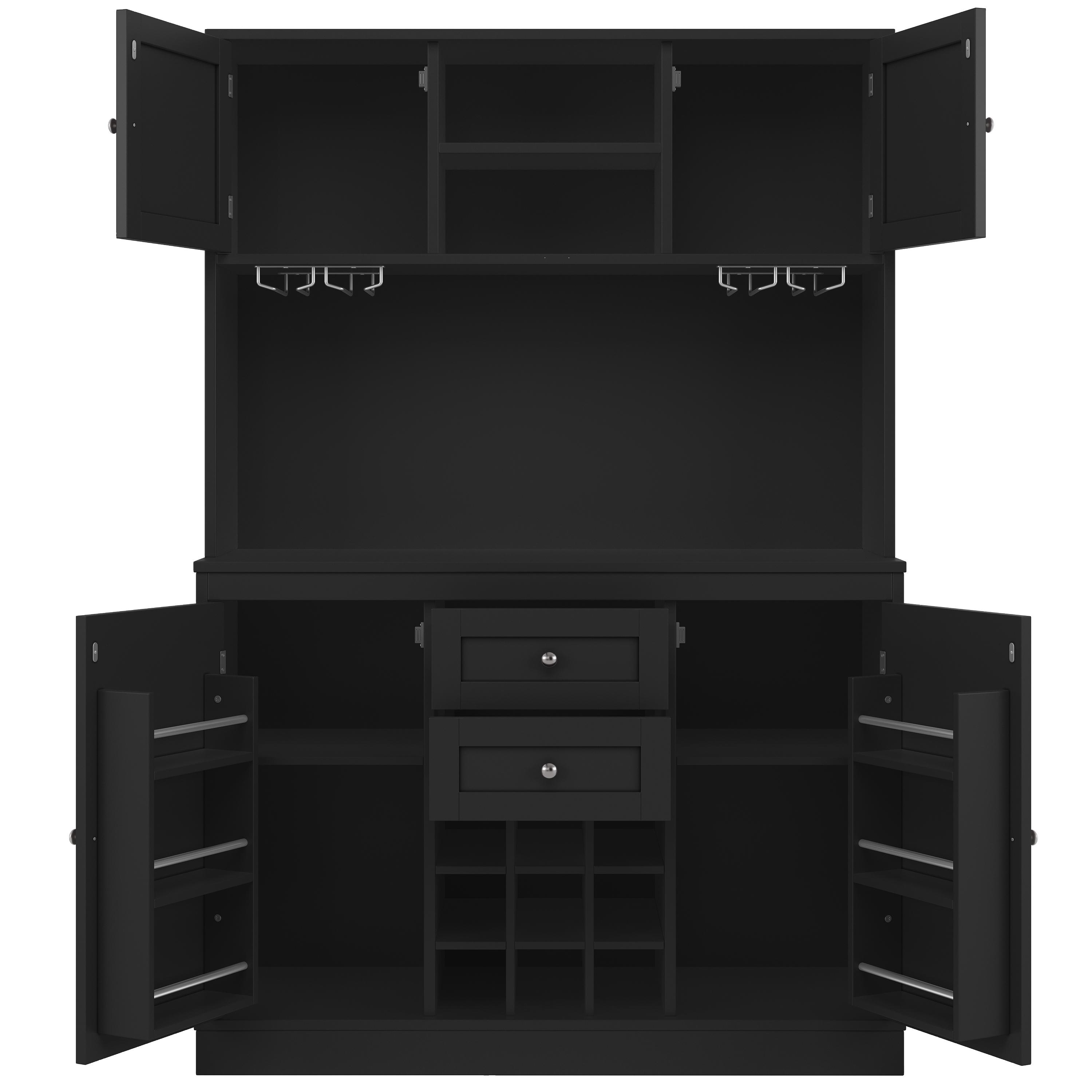 Schwarzer Barschrank mit offenen Türen, Regalen, Schubladen, Weinglashaltern und Weinlagerung.