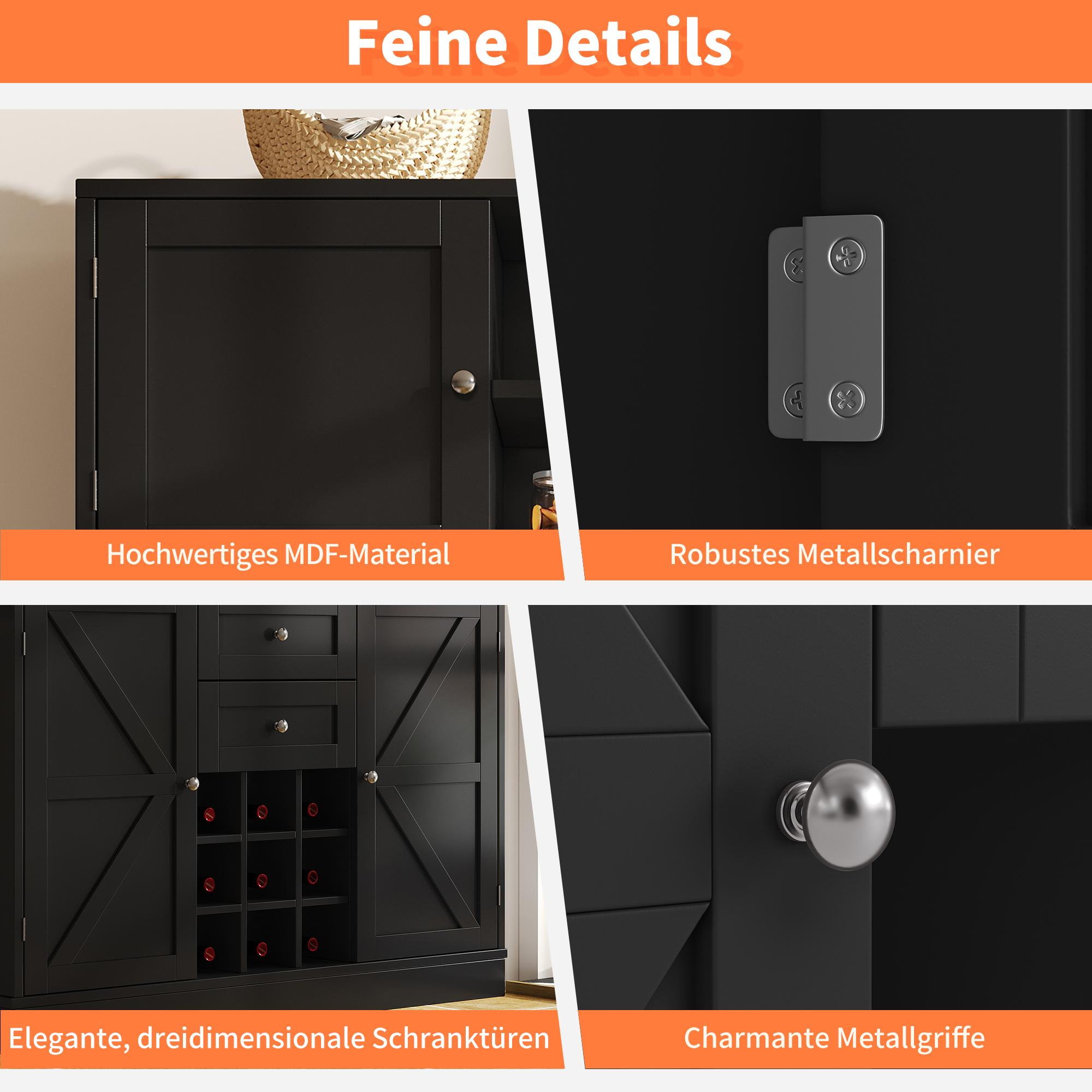 Details eines schwarzen Schranks mit Schubladen und Türen. Zeigt hochwertige Materialien und Hardware.