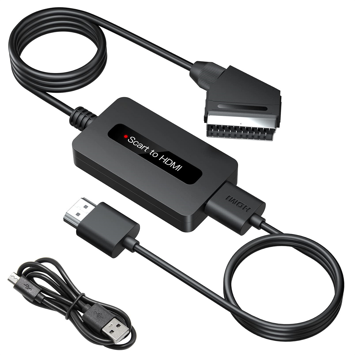 Schwarzer SCART-zu-HDMI-Adapter mit Kabeln und USB-Kabel.