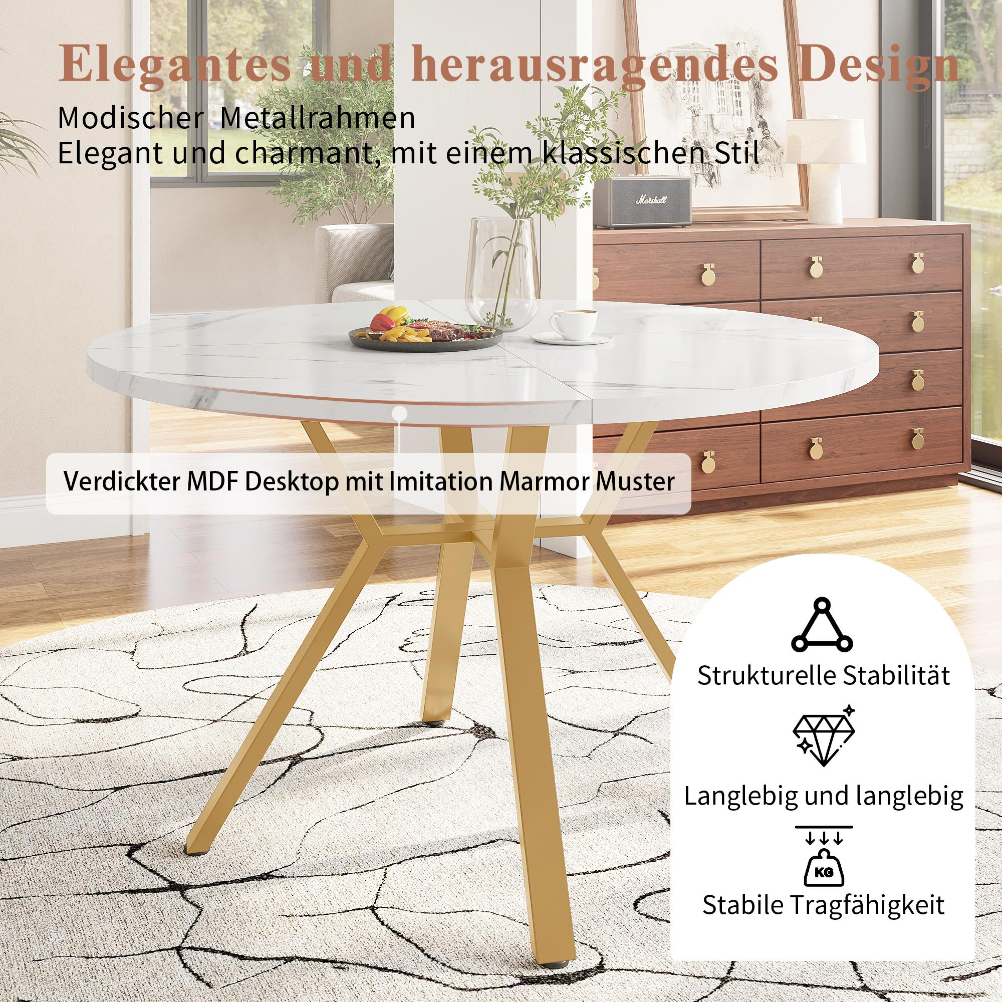 Runder weißer Tisch mit Marmor-Optik und goldenen Beinen. Text auf Deutsch, mit Designdetails und einem Teppich.