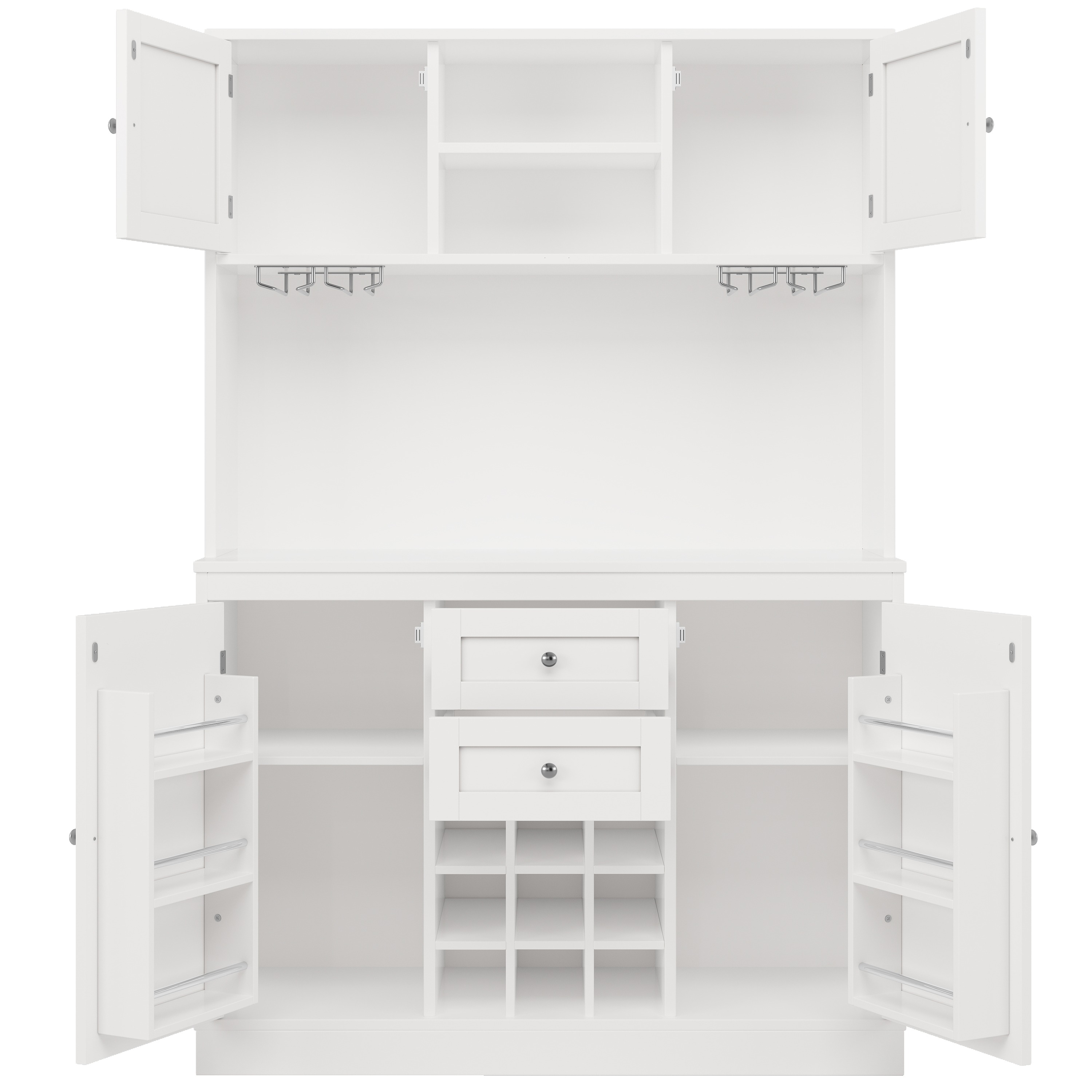 Weißer Barschrank mit offenen Türen, Regalen, Schubladen, Weinglashaltern und Weinlagerung.