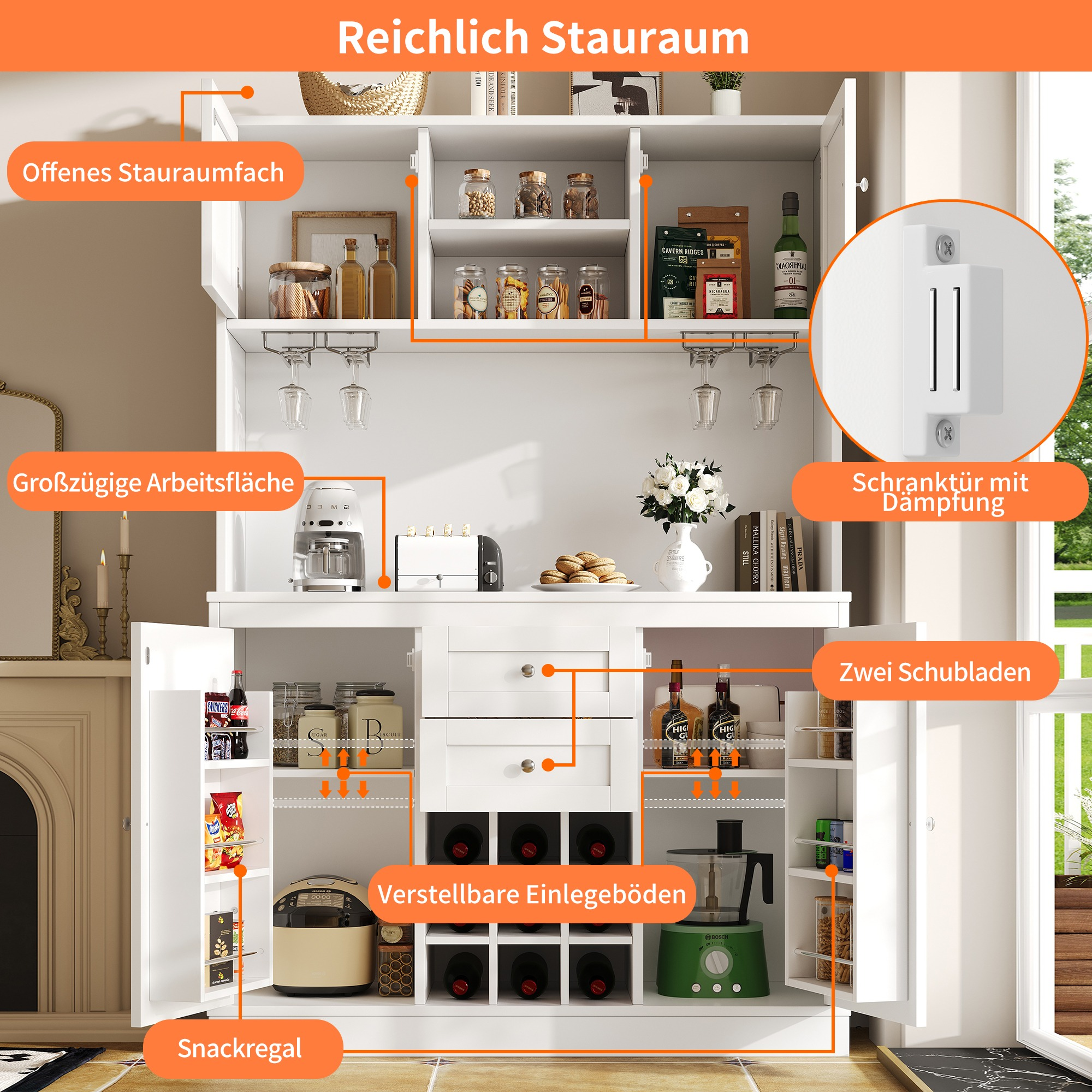 Ein weißer Schrank mit offenen Türen, Schubladen und Regalen, gefüllt mit Gegenständen.