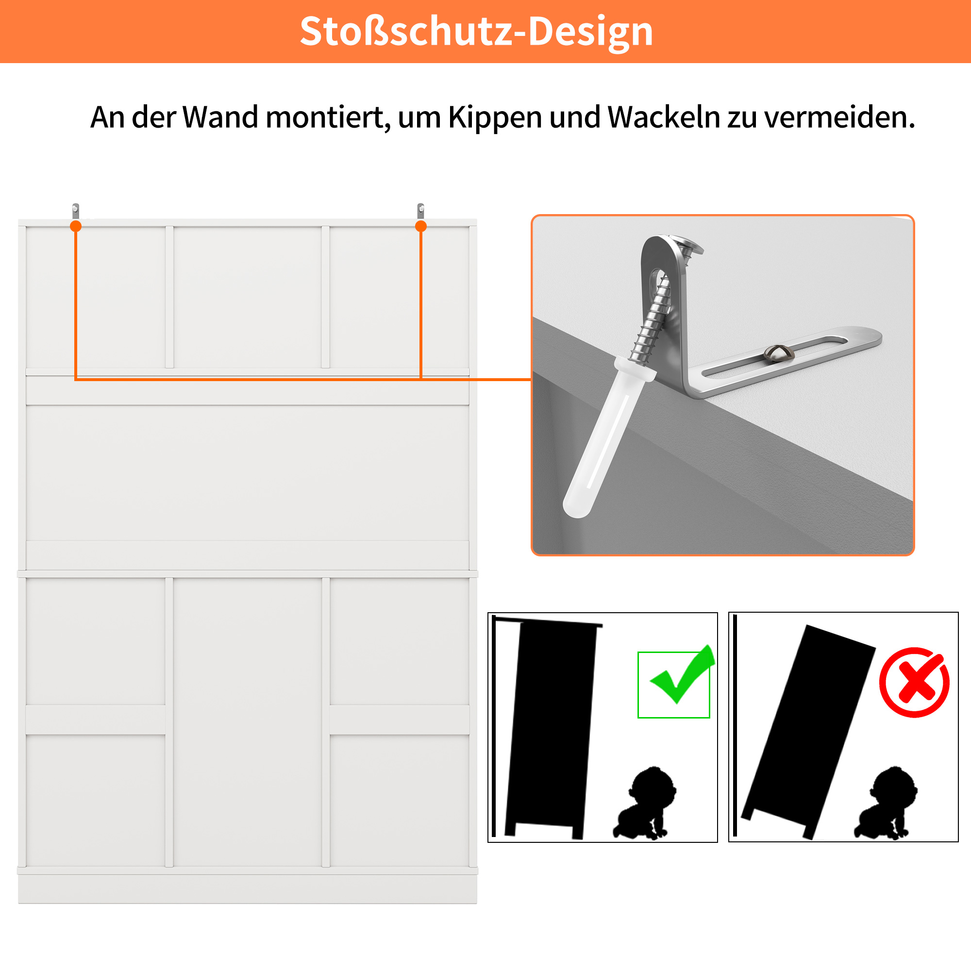 Diagramm zur Wandmontage eines Schranks mit Nahaufnahme einer Halterung.