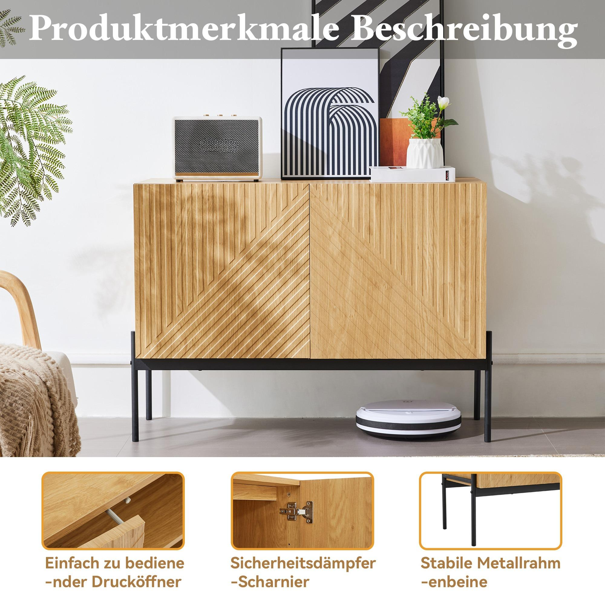Holzschrank mit schwarzen Beinen, Lautsprecher und abstraktem Kunstwerk. Details der Funktionen.
