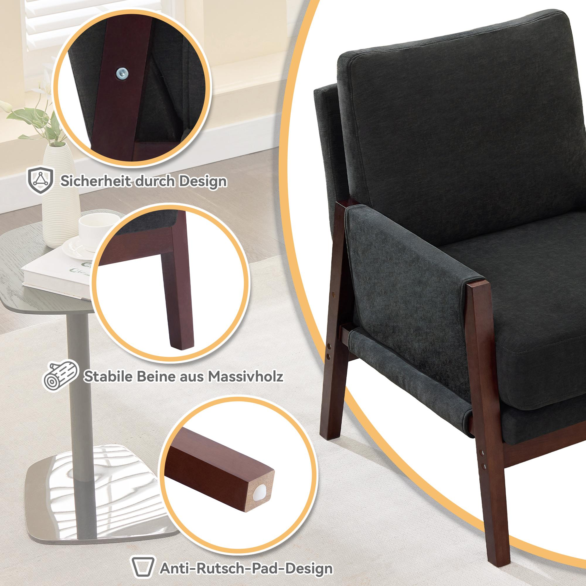 Ein dunkelgrauer Sessel mit Holzbeinen. Nahaufnahmen zeigen Details und Designmerkmale.