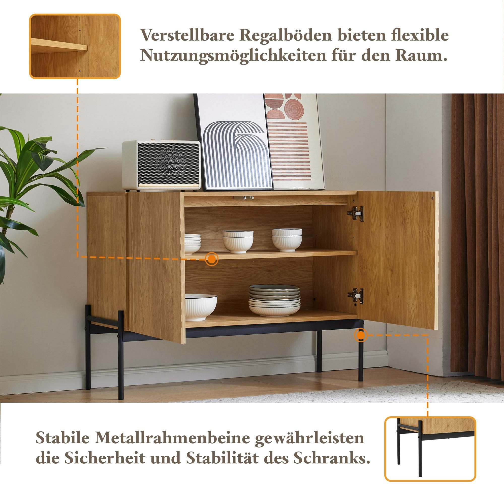 Holzschrank, zwei Türen offen, mit Regalen, Schalen und Tellern. Schwarze Beine. Schubladendetail. Weiße Wand.