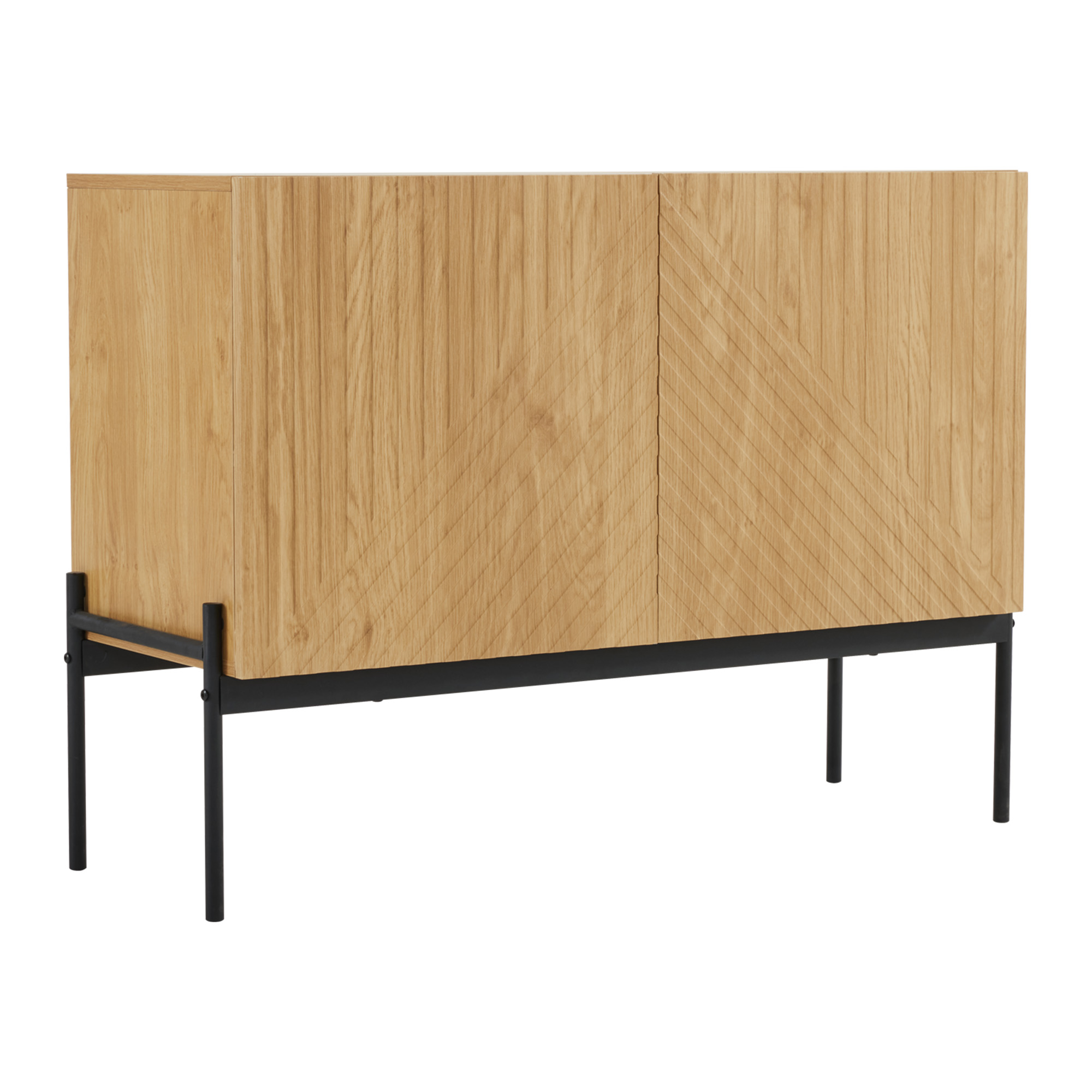 Holzschrank mit zwei Türen und schwarzen Beinen. Die Türen haben ein diagonales Muster.