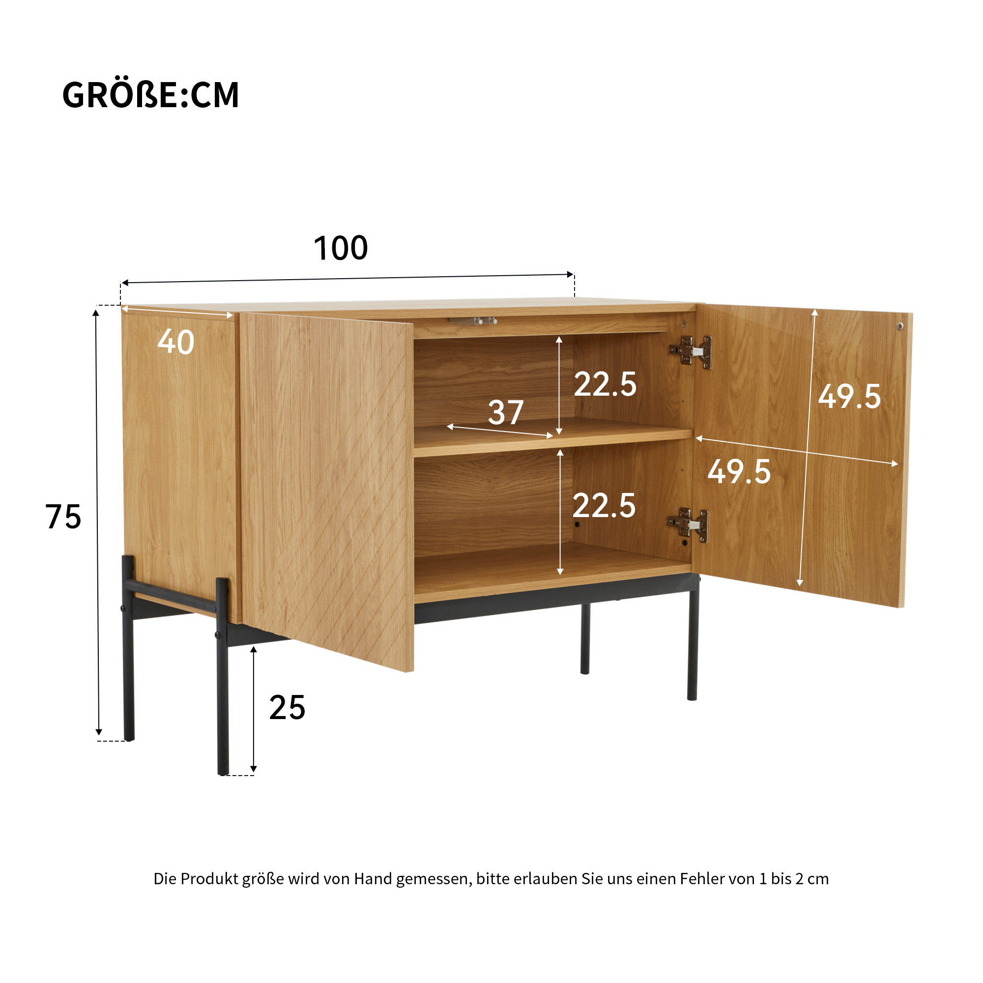 Holz-Sideboard mit schwarzen Beinen. Abmessungen sind auf dem Bild angegeben.