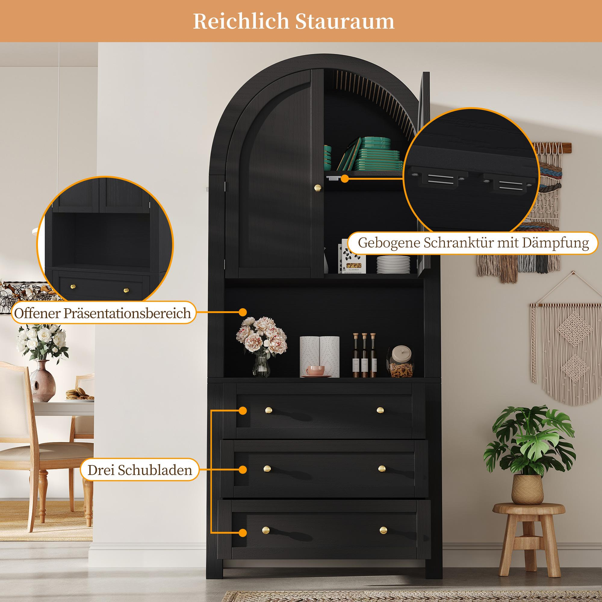 Schwarzer Schrank, Detailaufnahmen. Präsentation von offenem Präsentationsbereich, Schubladen und Tür.