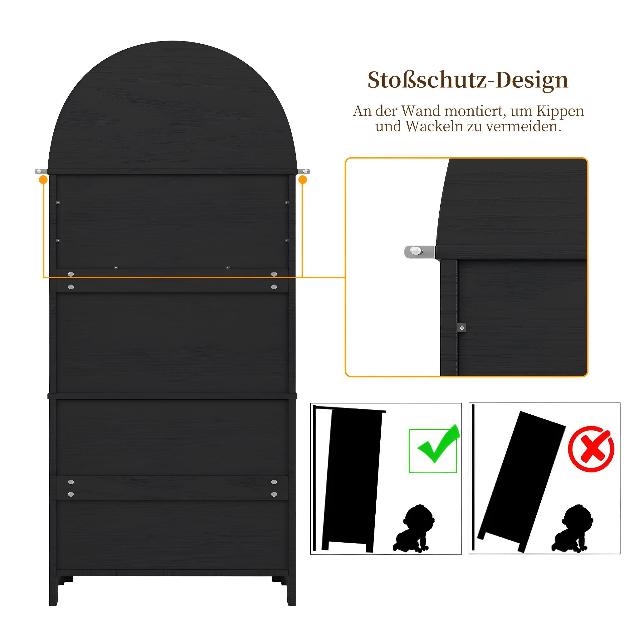 Schwarzer Schrank mit abgerundeter Oberseite. Zeigt Illustrationen zur Wandmontage und korrekte/inkorrekte Positionen.