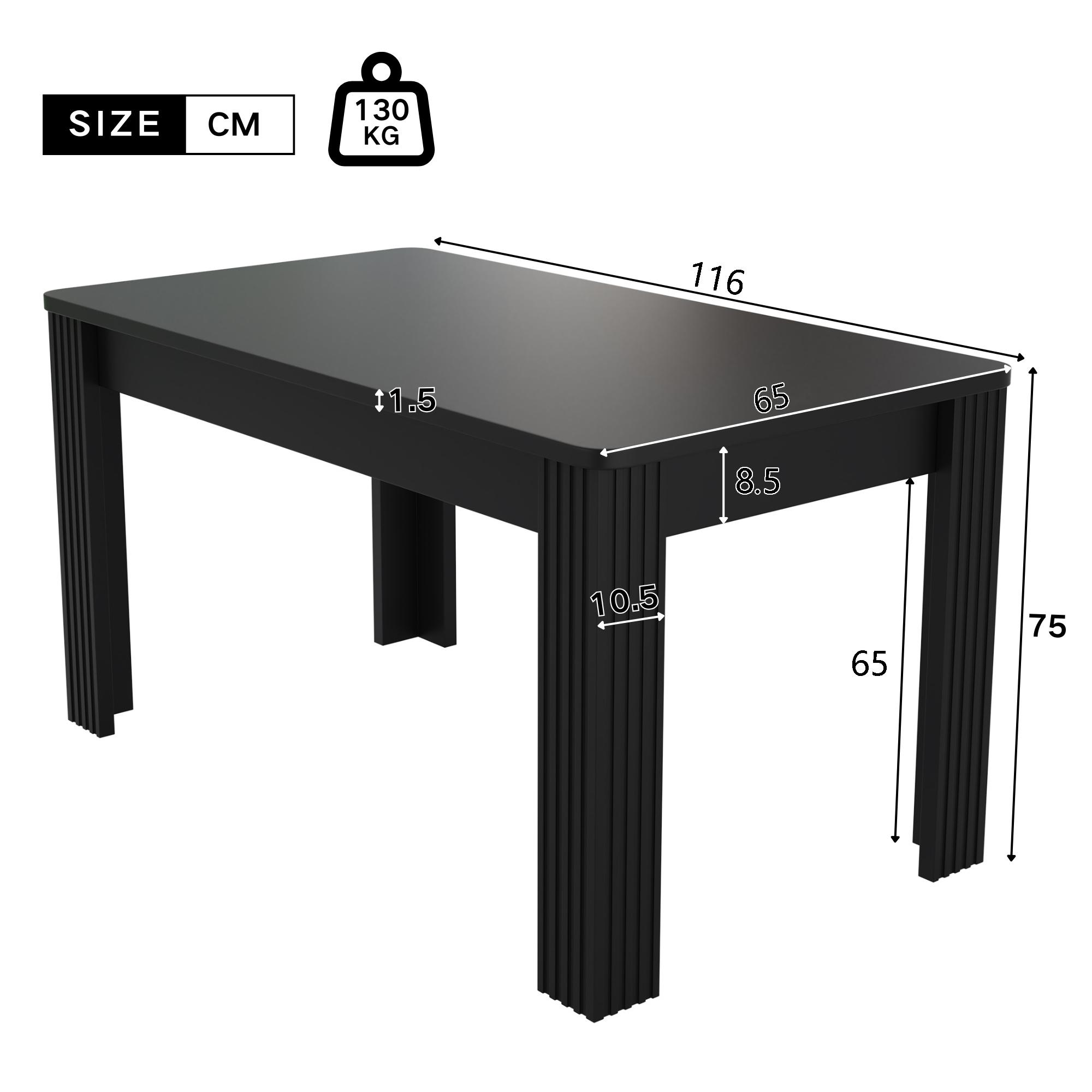 Schwarzer Tisch mit schwarzen Beinen. Der Tisch ist mit Abmessungen und Tragfähigkeit gekennzeichnet.