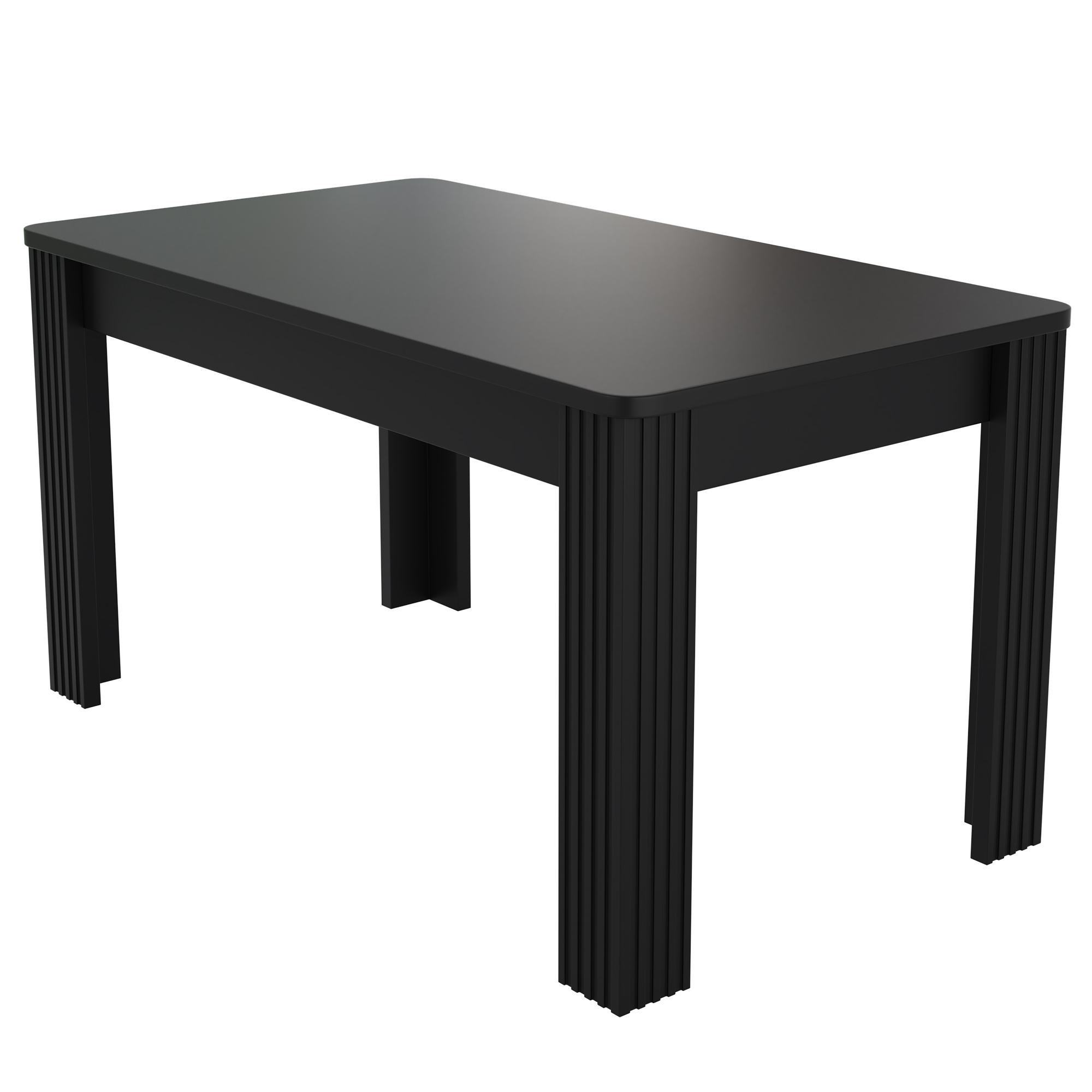 Schwarzer Tisch mit quadratischer Oberseite und gerillten Beinen, auf weißem Hintergrund.