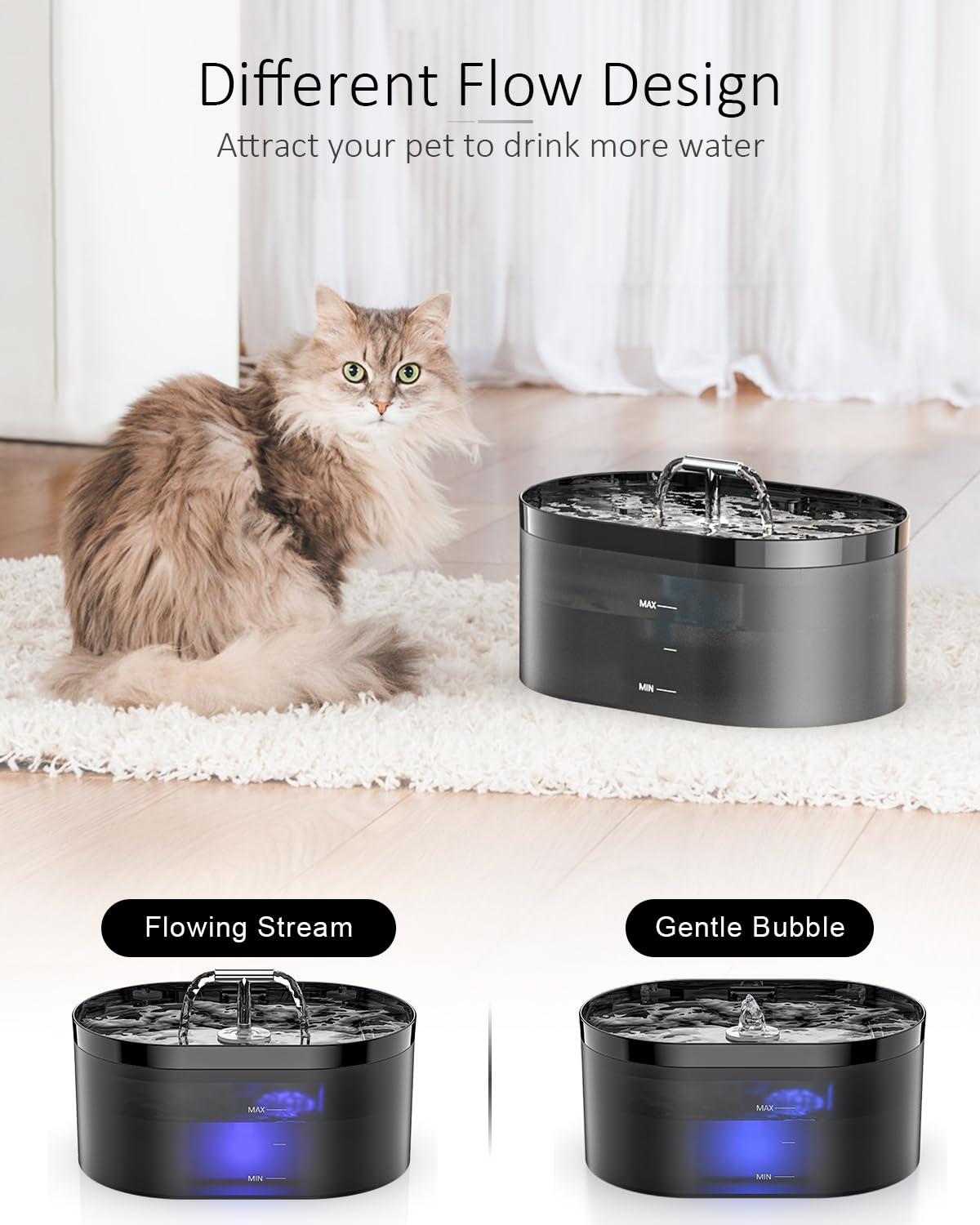 Eine Katze in der Nähe eines schwarzen Haustier-Wasserbrunnens mit zwei Strahloptionen.