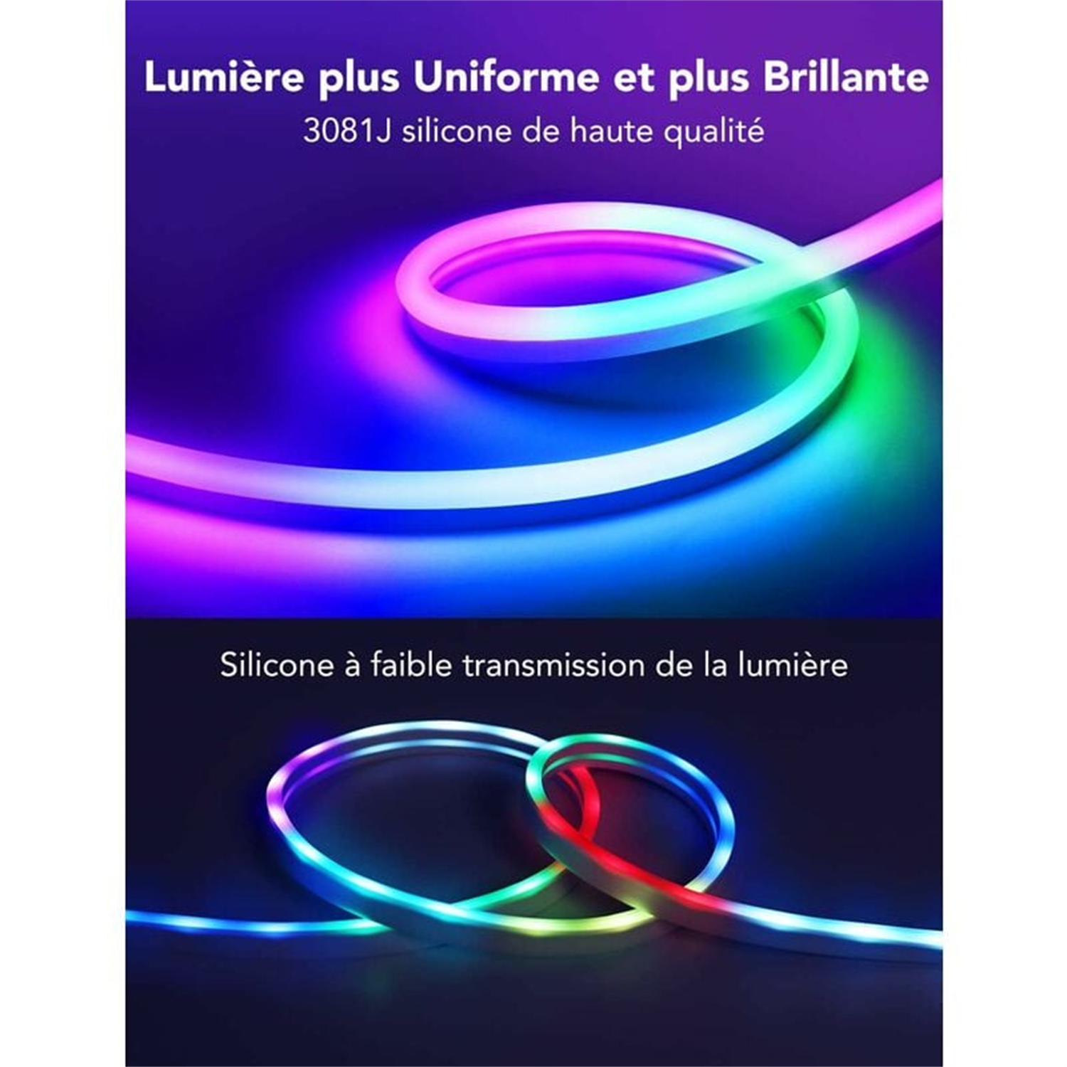 Zwei Beispiele für flexible LED-Streifen, einer ist mehrfarbig, der andere rot und blau.
