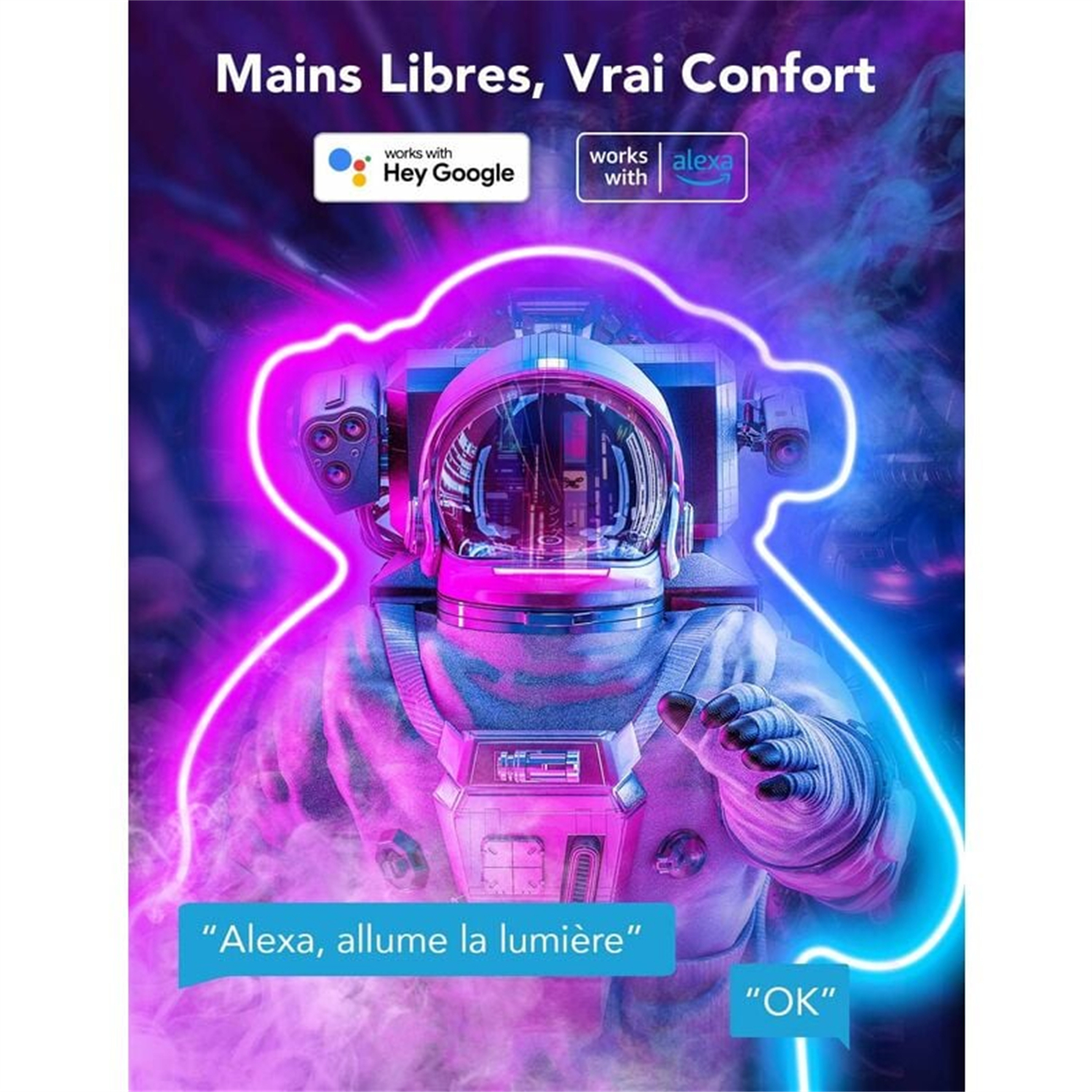 Astronaut in einem Helm, umgeben von einer leuchtenden Kontur, mit Textblasen und Logos.