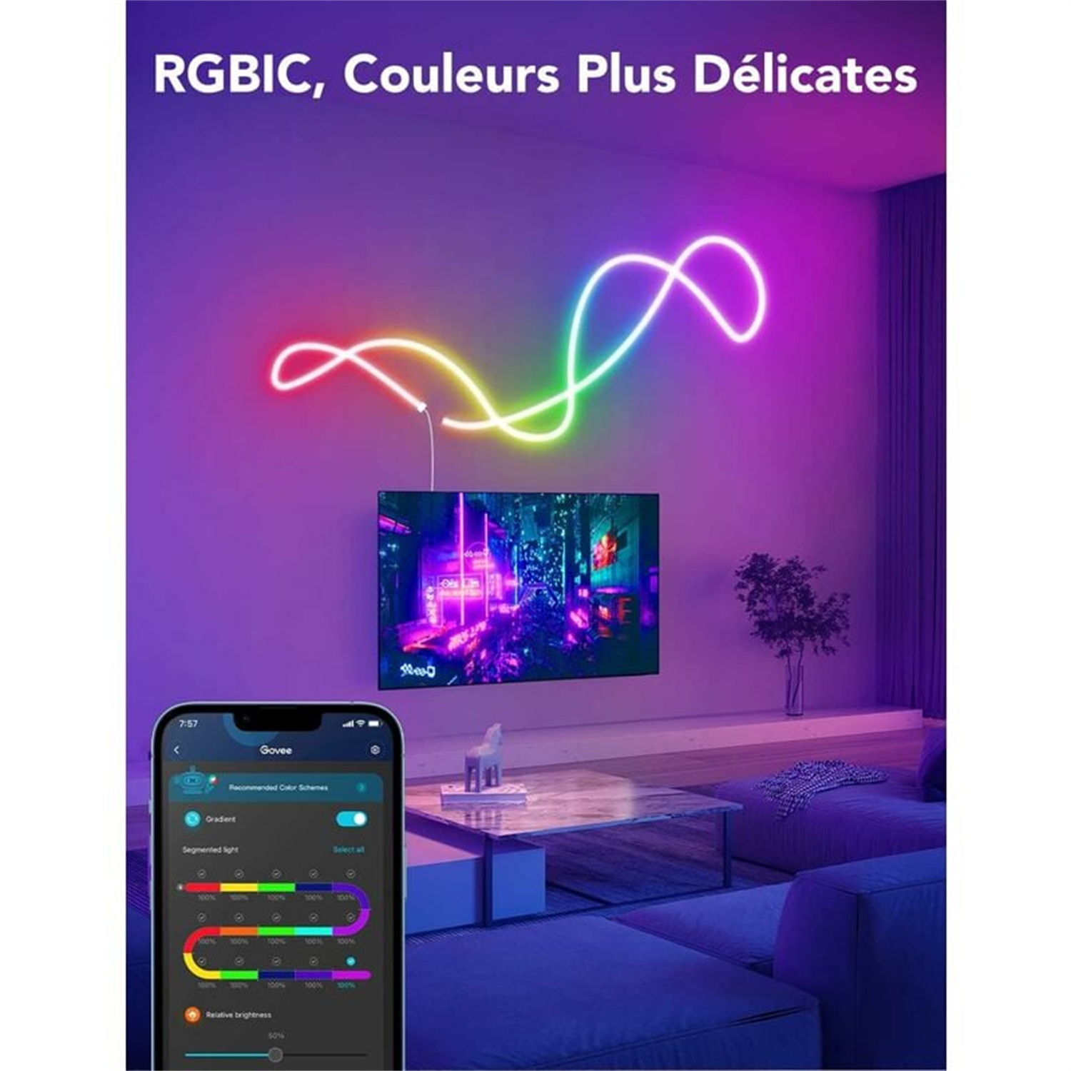 Zimmer mit Neonlichtkunst, TV, Sofa und Smartphone mit App.