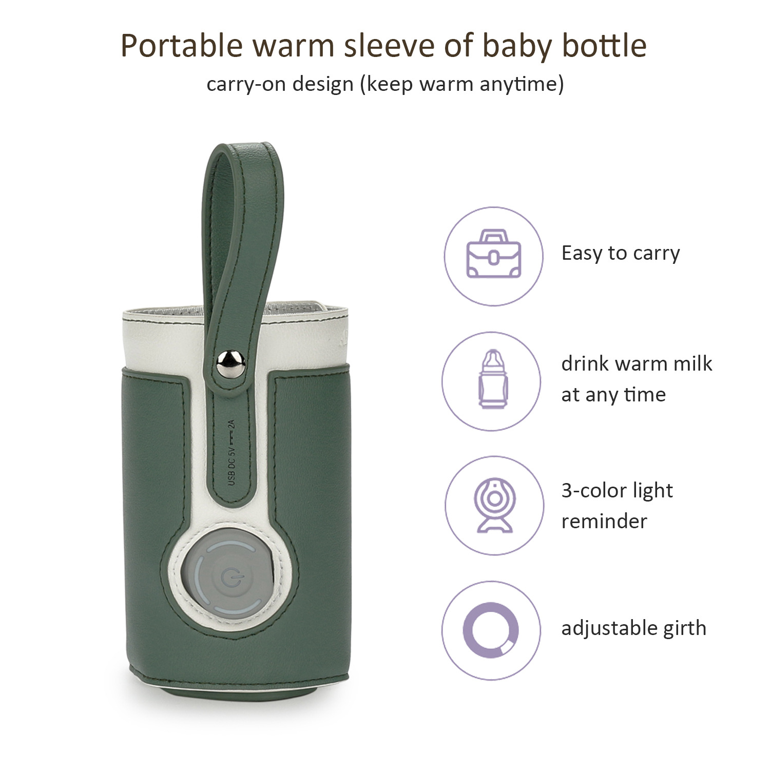 Grüner und weißer isolierter Babyflaschenhalter mit Tragegriff und Diagrammen.