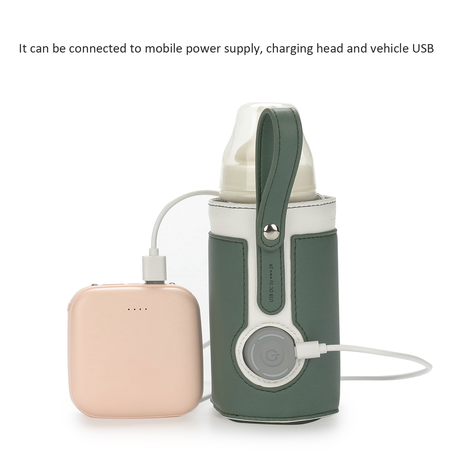 Babyflaschenwärmer mit Ladekabel, das mit einer Powerbank und einer Flasche verbunden ist.