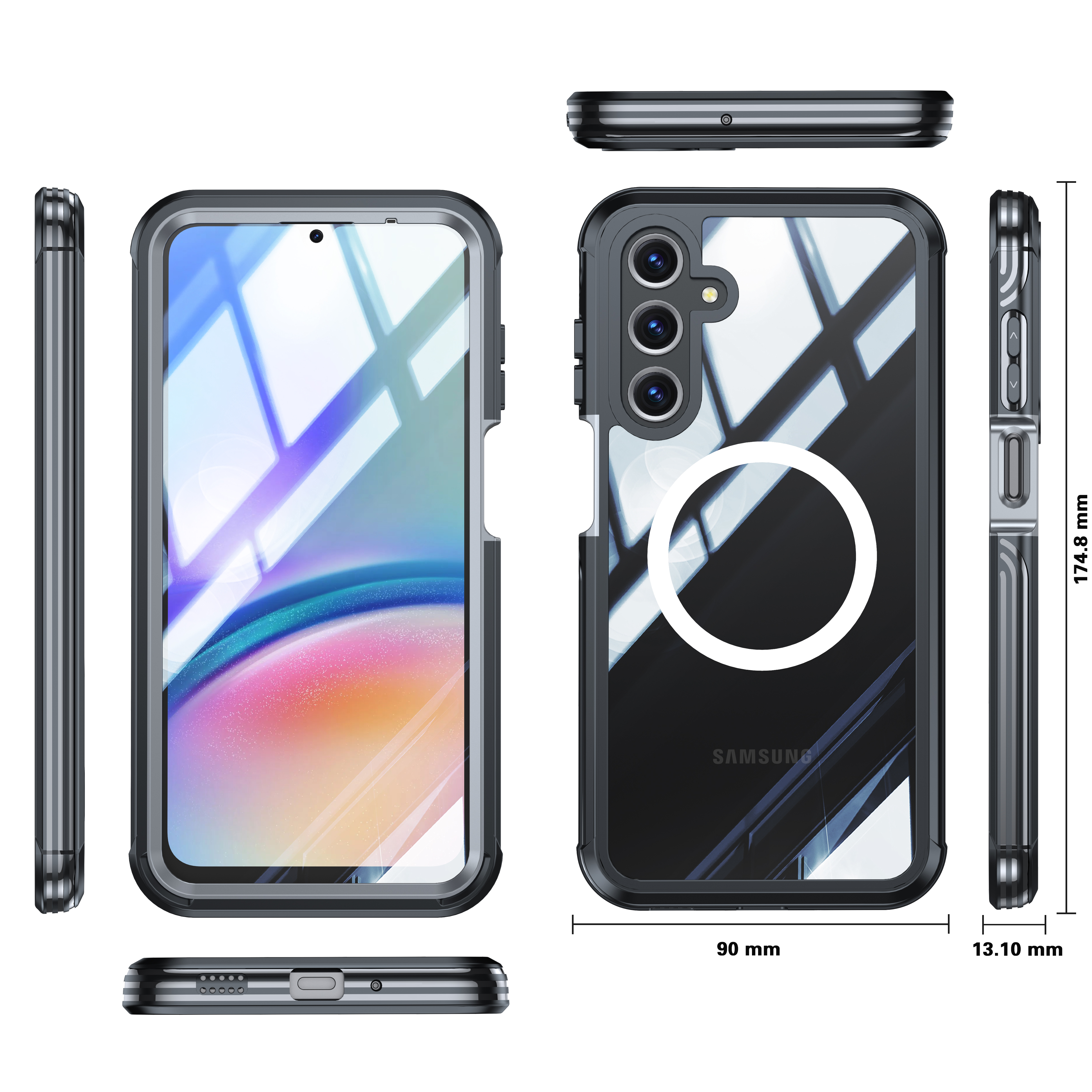 Custodia nera con retro trasparente, dimensioni mostrate. Logo Samsung visibile.