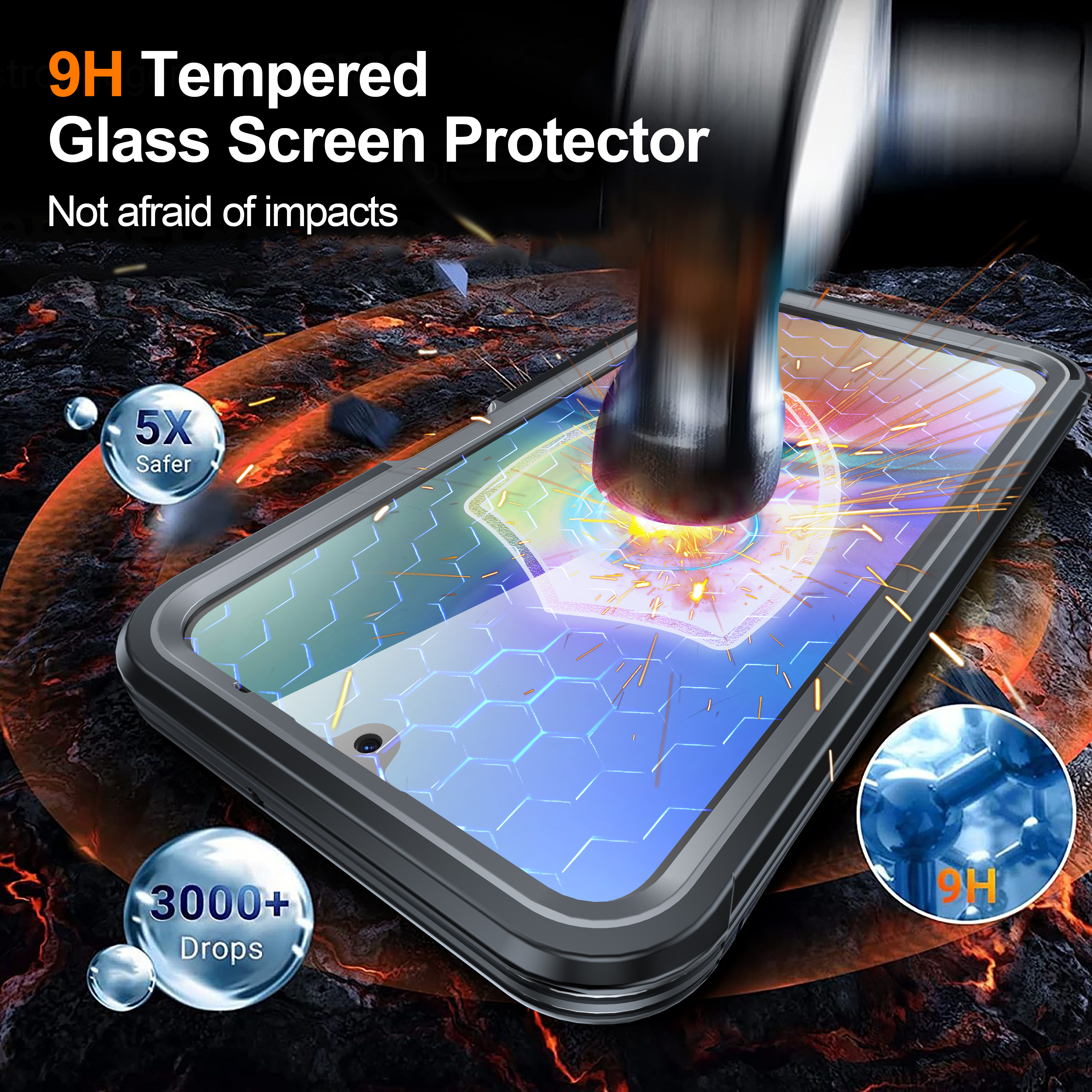Proteggi schermo in vetro temperato su un telefono. Il testo indica 9H, 5x più sicuro e 3000+ cadute.