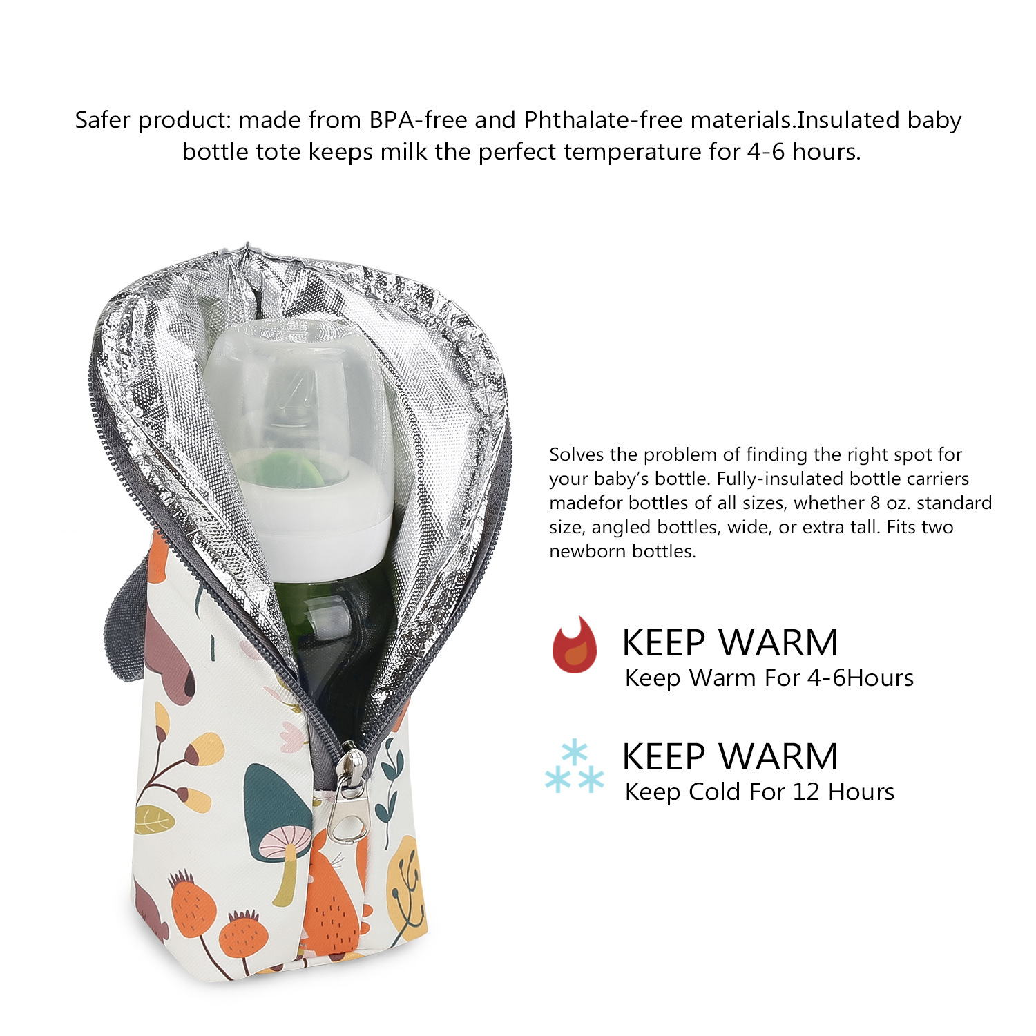 Isolierte Babyflaschentasche mit Flasche. Mit Warm-/Kalt-Symbolen und beschreibendem Text.
