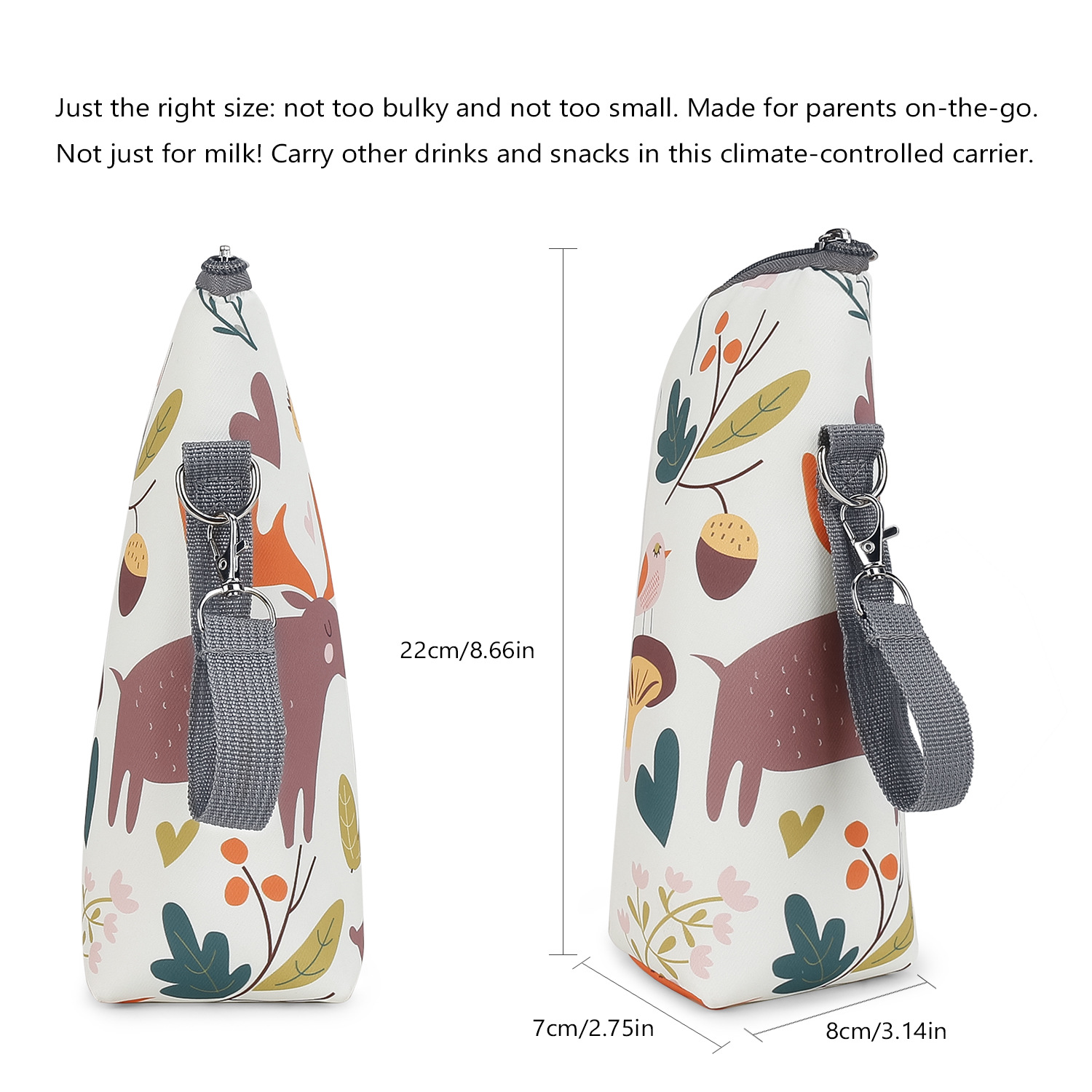 Weiße und beige Babyflaschen-Tragetasche mit Cartoon-Tiermuster.