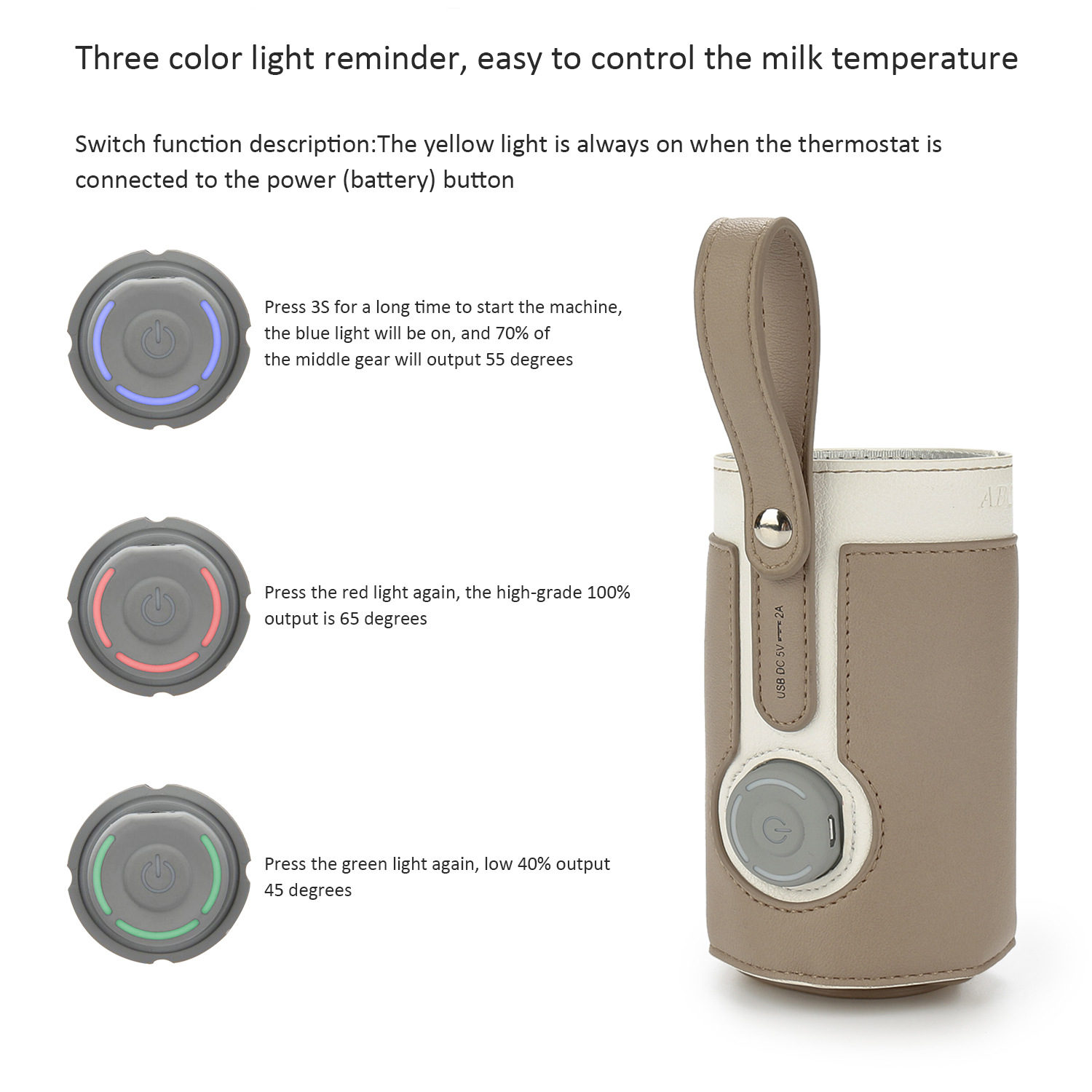 Isolierter Babyflaschenhalter mit farbcodierten Lichtern für Temperatureinstellungen. Diagramme enthalten.