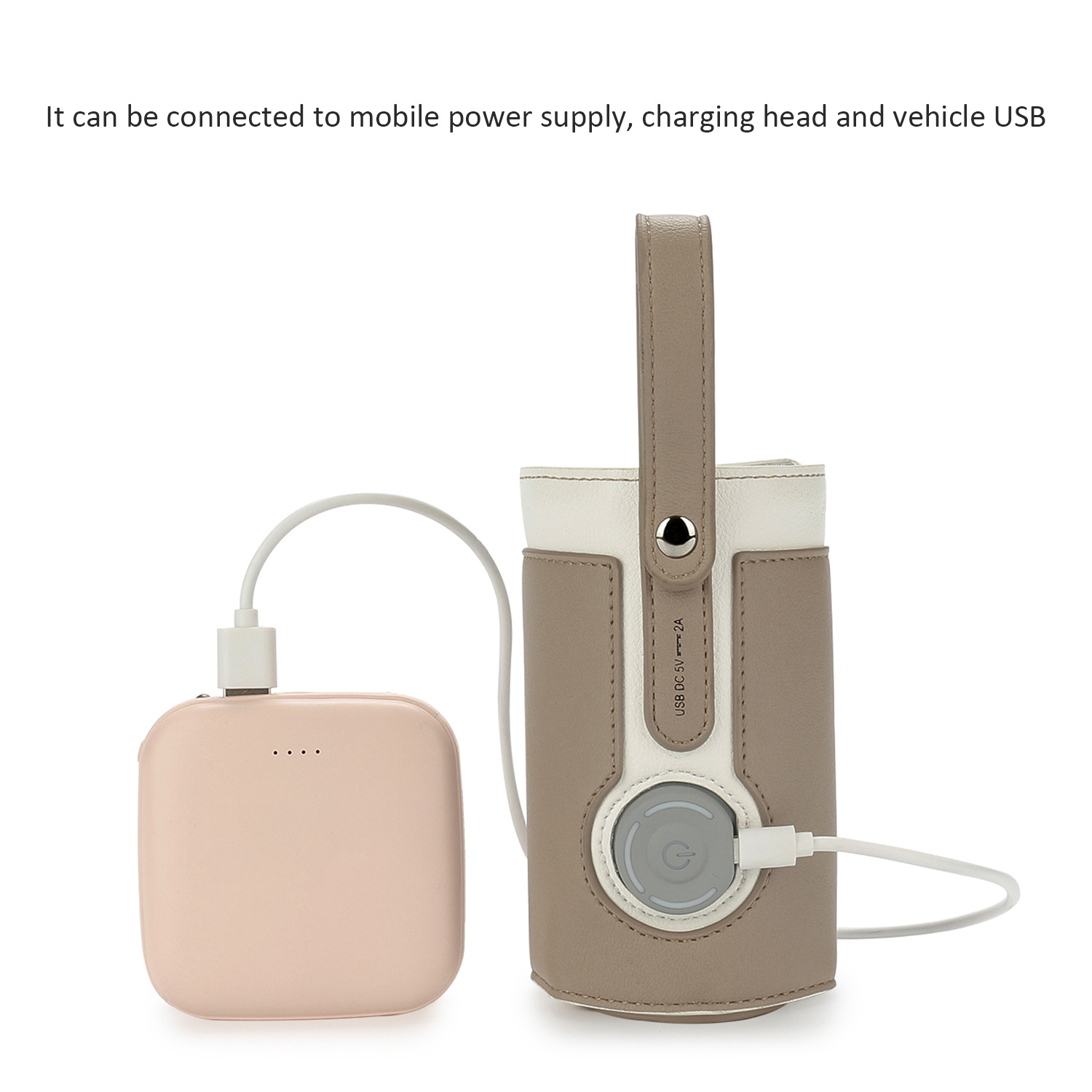 Tragbarer Babyflaschenwärmer, über USB-Kabel mit Powerbank verbunden.