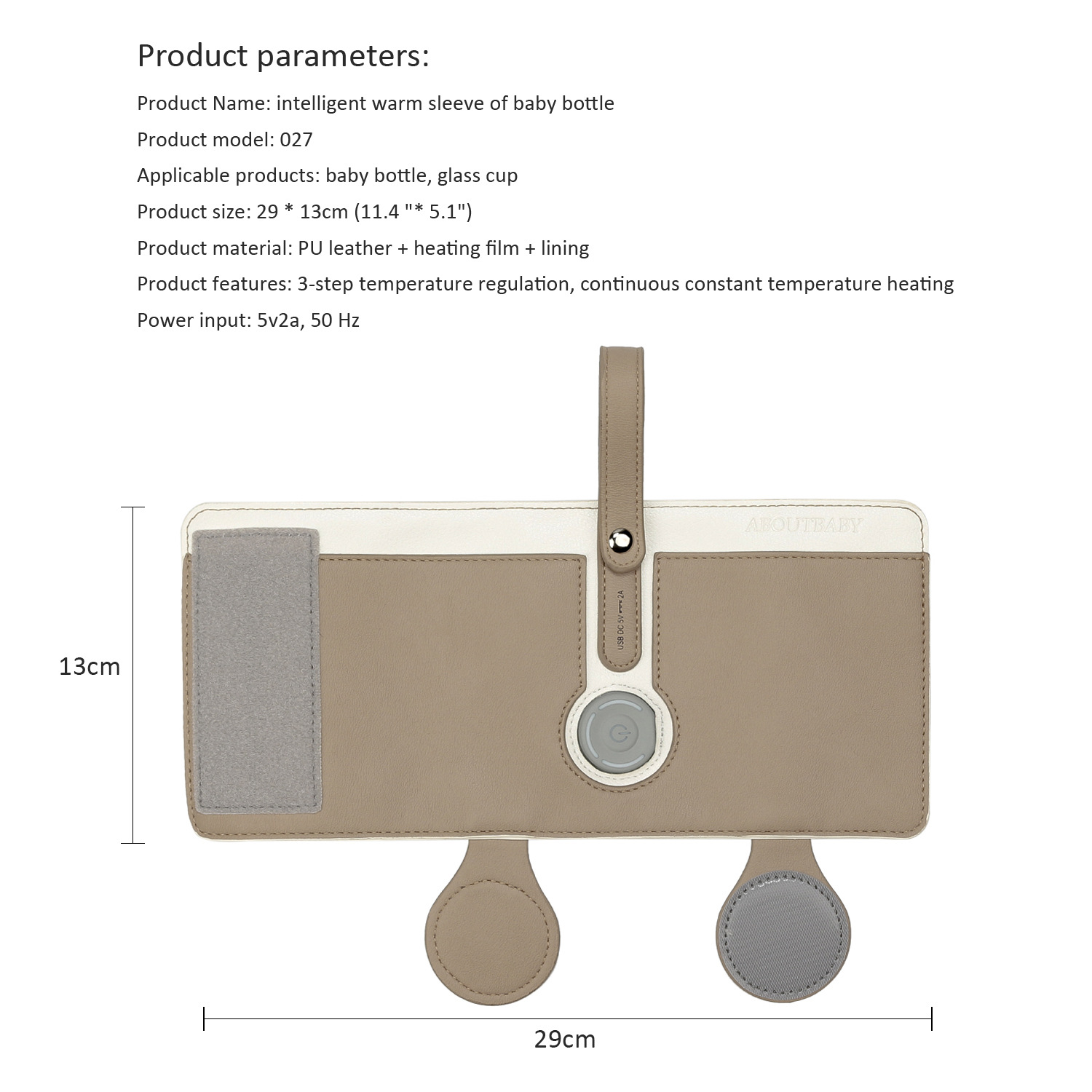 Produktparameter einer Babyflaschenhülle, Abmessungen und Materialien, mit einem Produktbild.