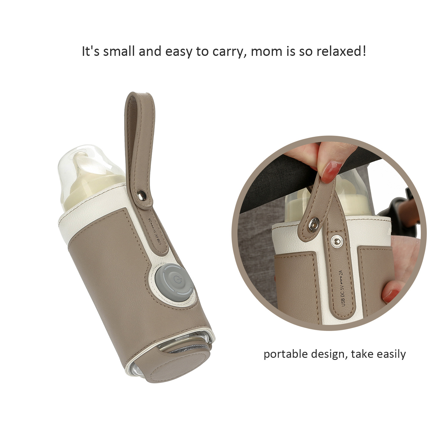Ein Babyflaschenwärmer und eine Hand, die eine Flasche hält, mit tragbarem Design.